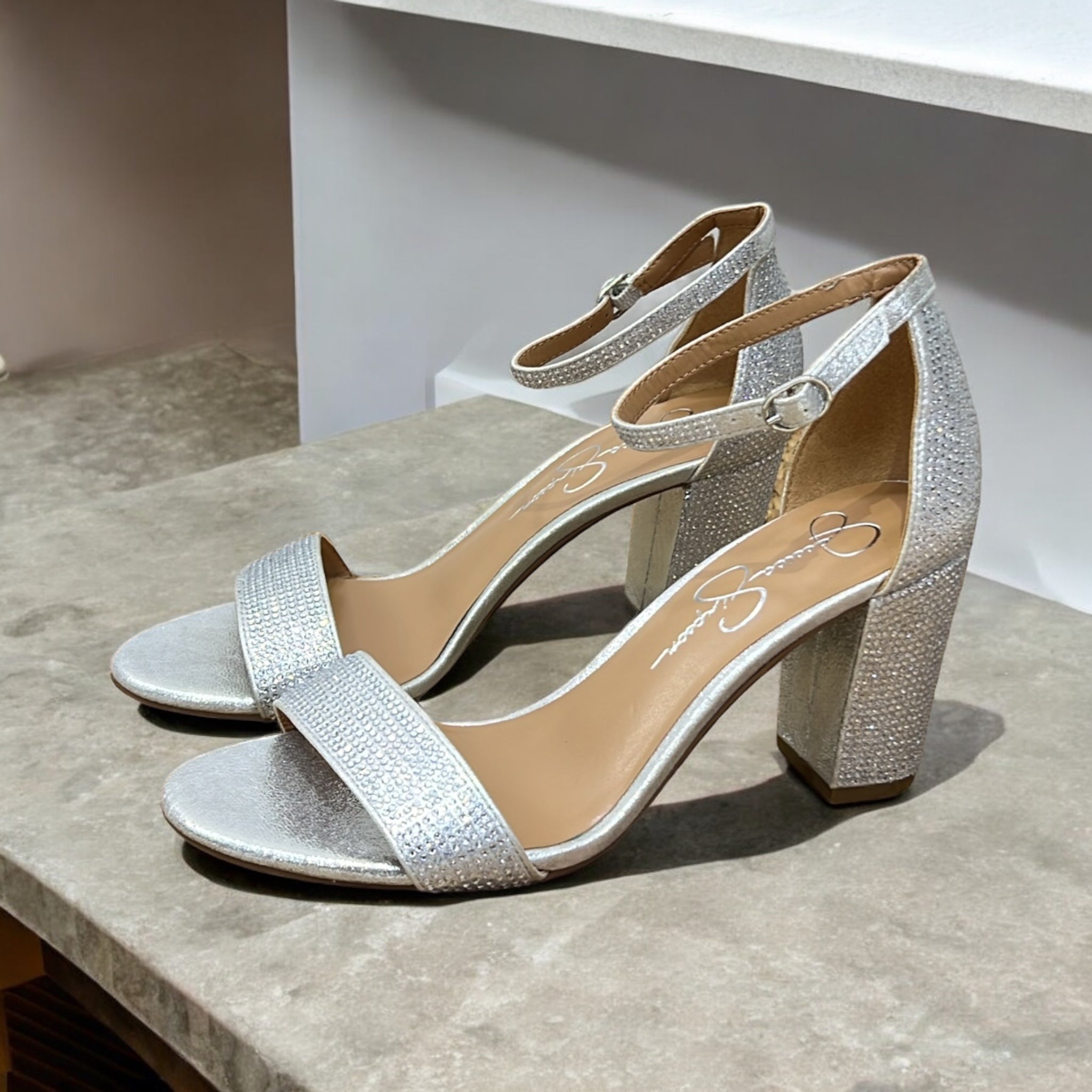 JESSICA SIMPSON EMBELLISHED STRAP BLOCK HEEL SANDAL IN SILVER