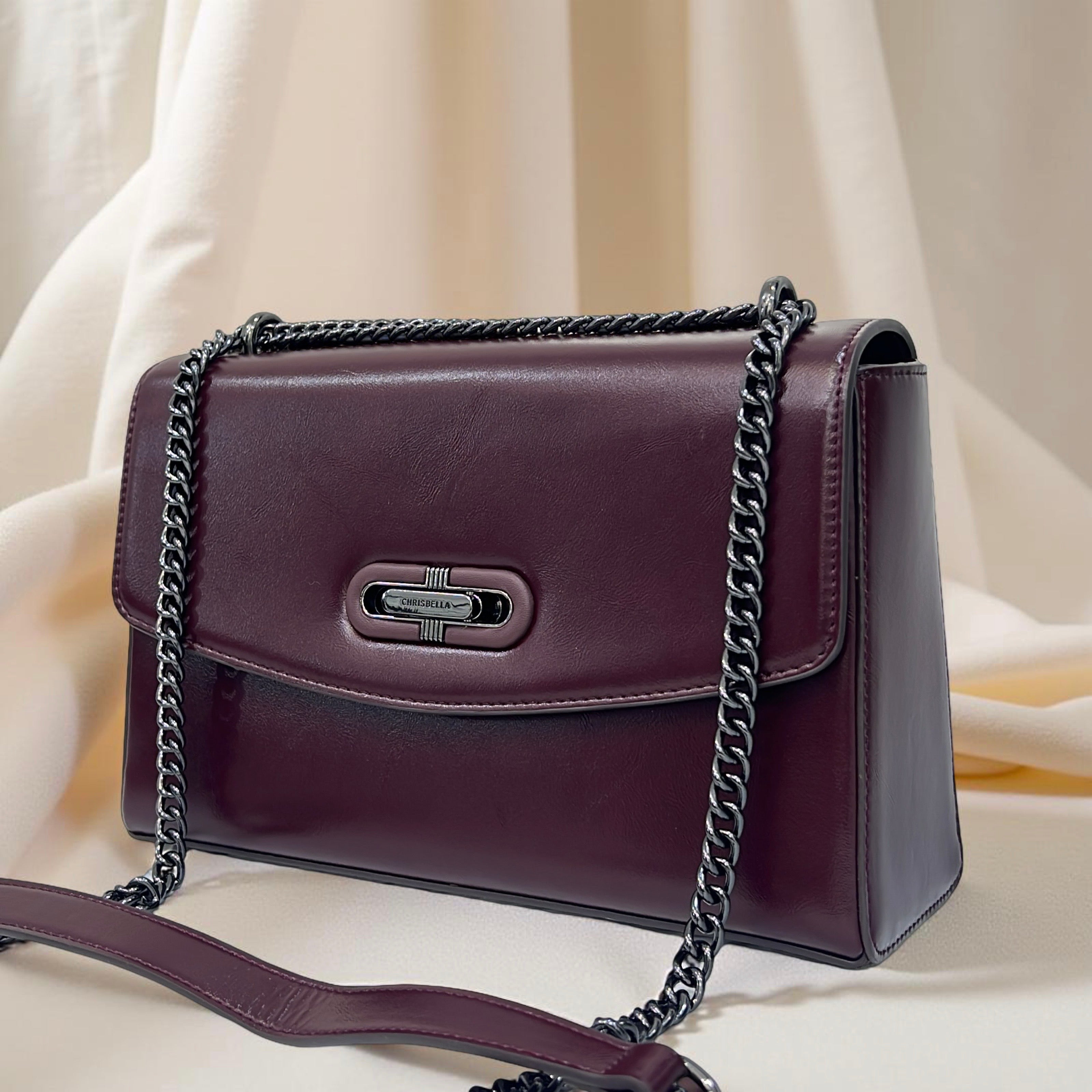 Chrisbella Leather Slide-Knob Sling Bag in Burgundy