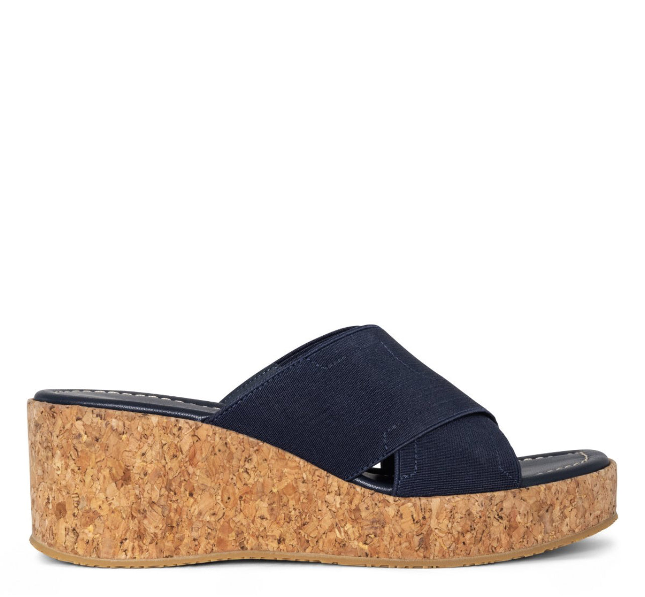 DONALD PLINER ELASTIC CROSS STRAP WEDGE SANDAL IN NAVY