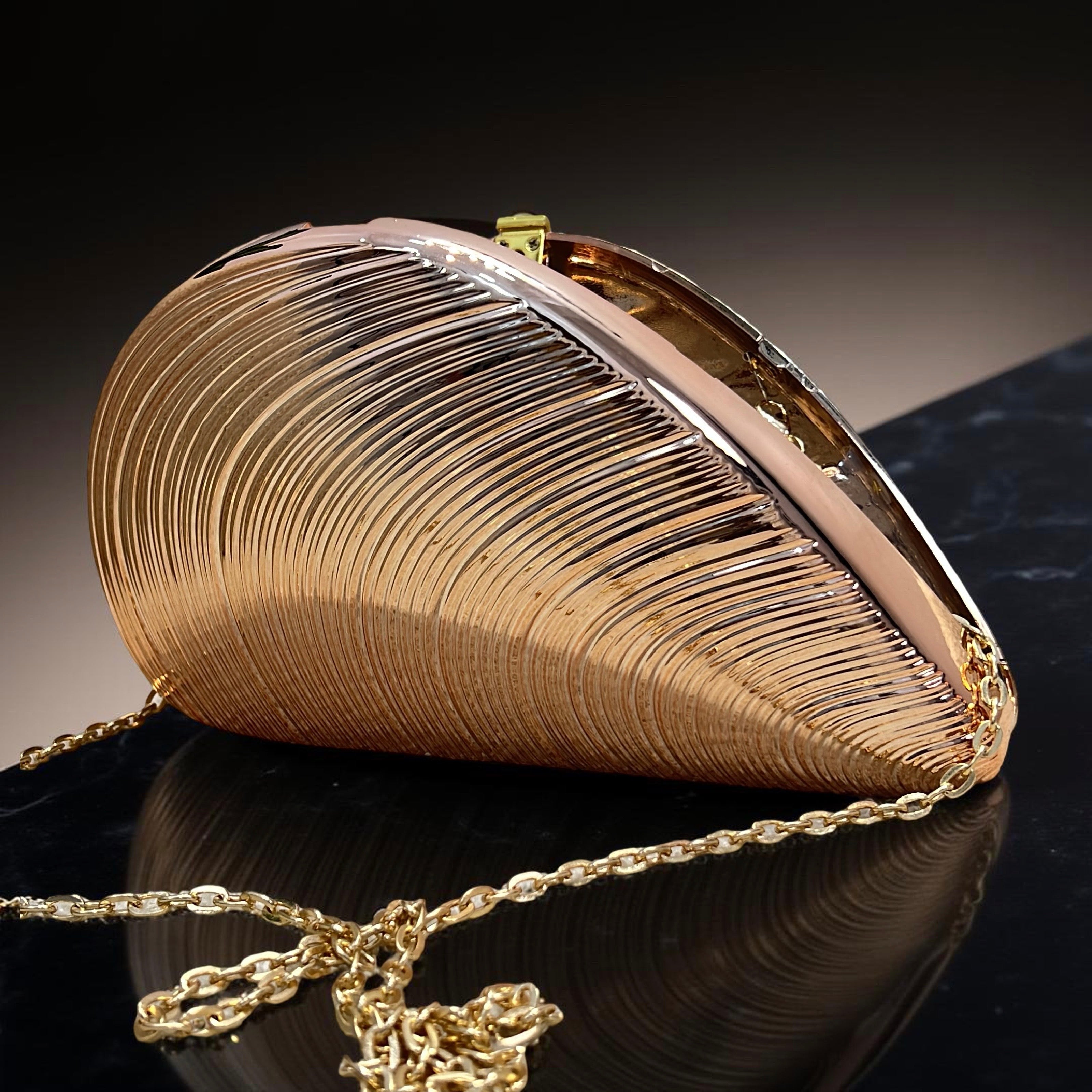 Metallic Shell-Shaped Clutch Purse in Rosegold