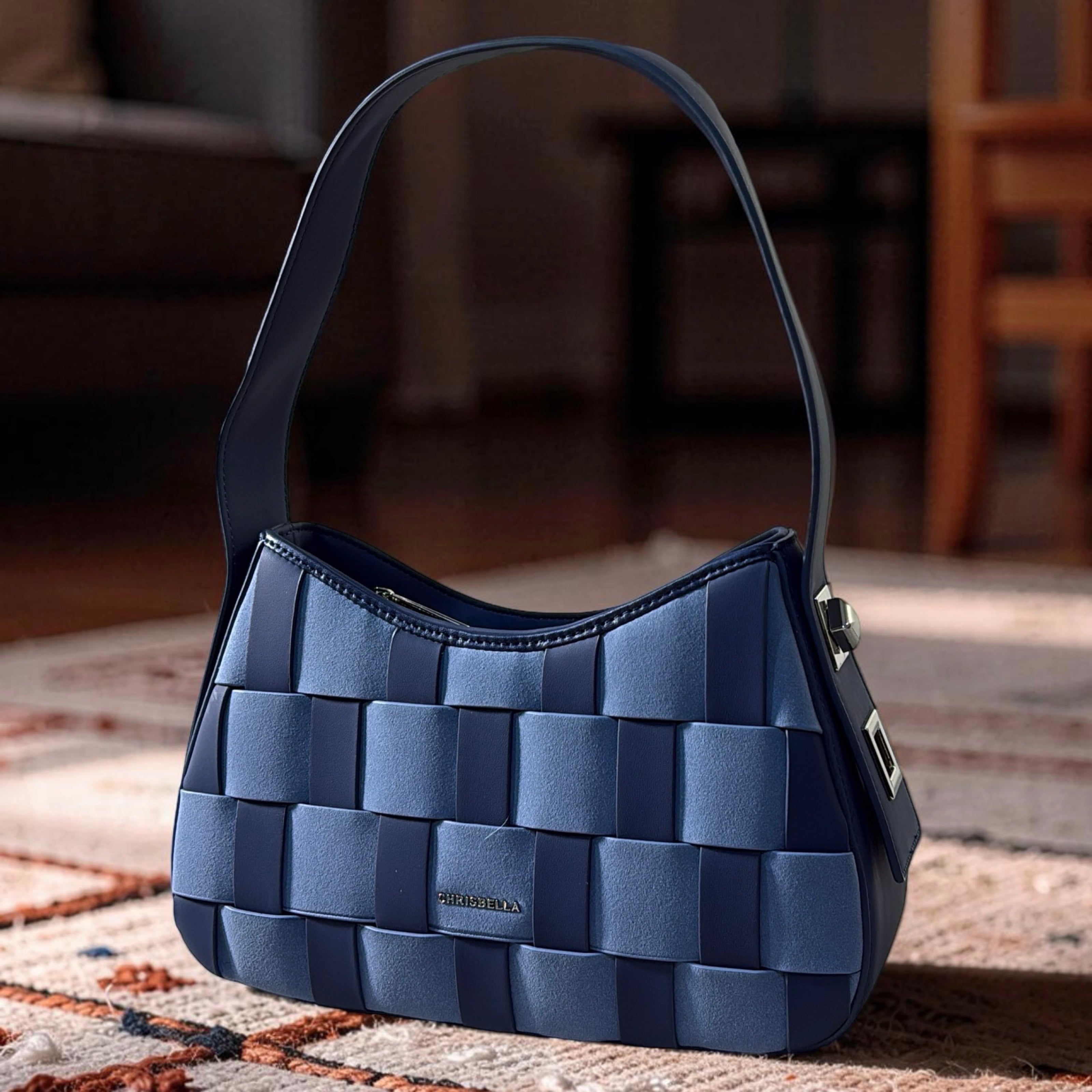 Chrisbella Mat Design Single Strap Shoulder Bag in Navy