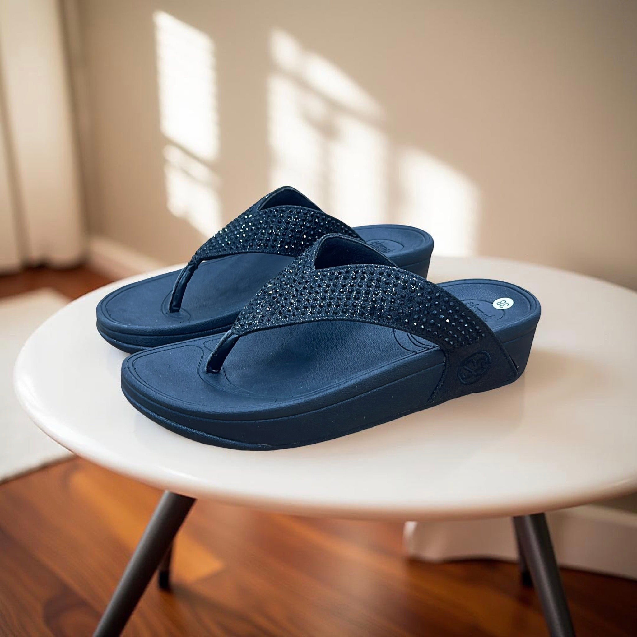 Step & Shape Embellished Strap Slippers In Black