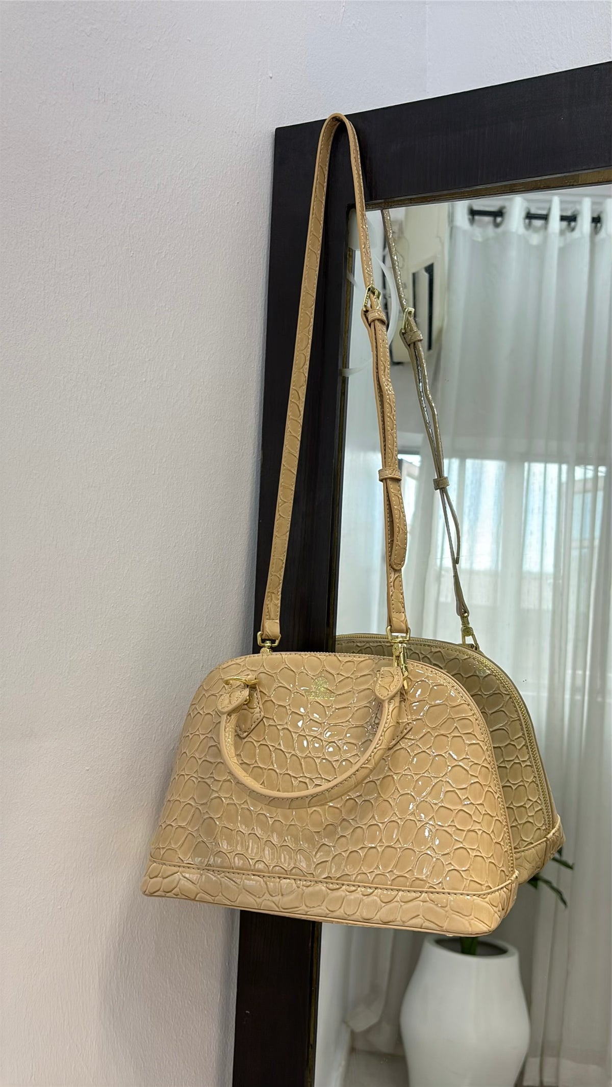 Versse Faux Croc Patent Leather Bag in Nude