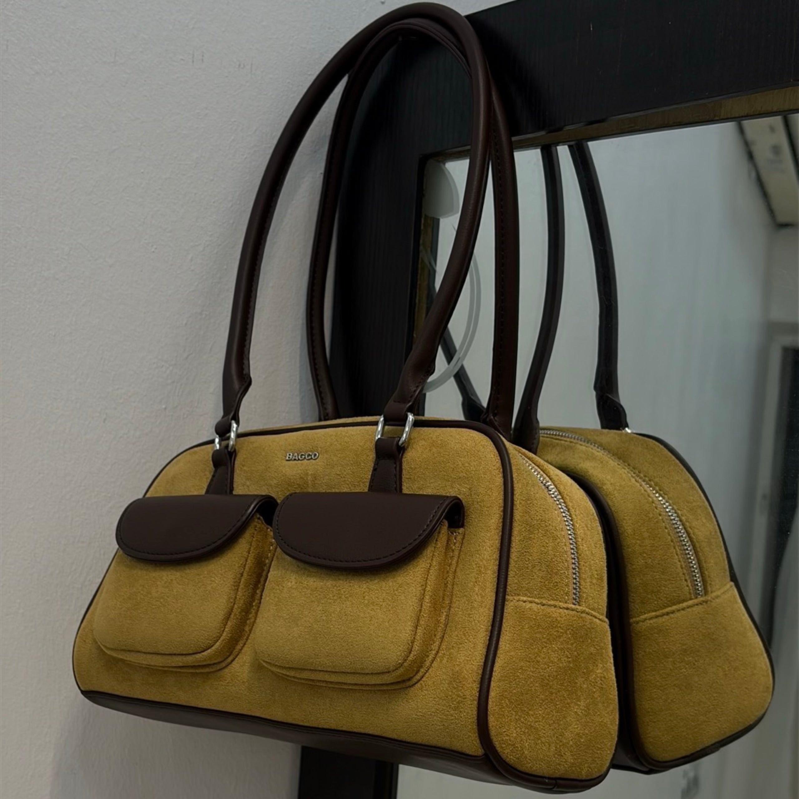 Bagco Pocket Detail Suede Bag in Coffe/Carton