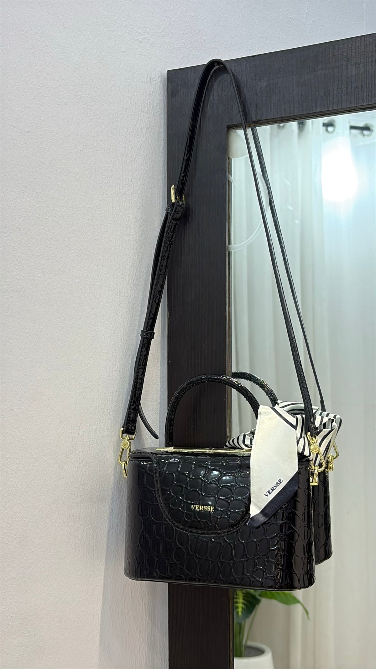 Versse Top Handle Faux Croc Skin Mini Bag in Black