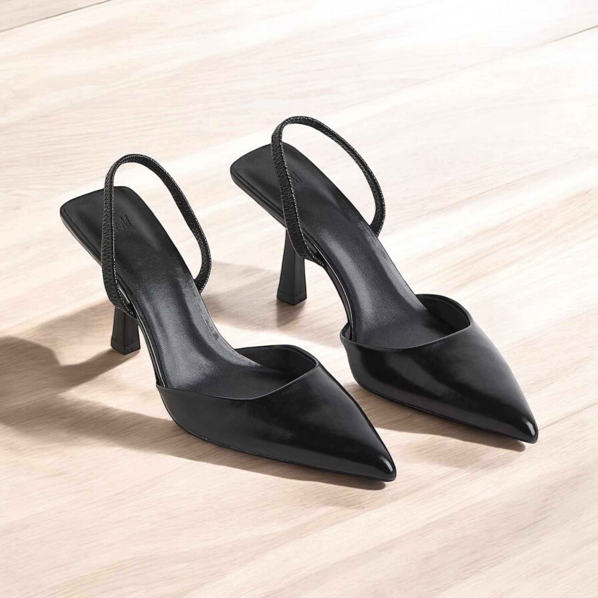 H & M POINTED TOE LEATHER SLINGBACK HEELS IN BLACK