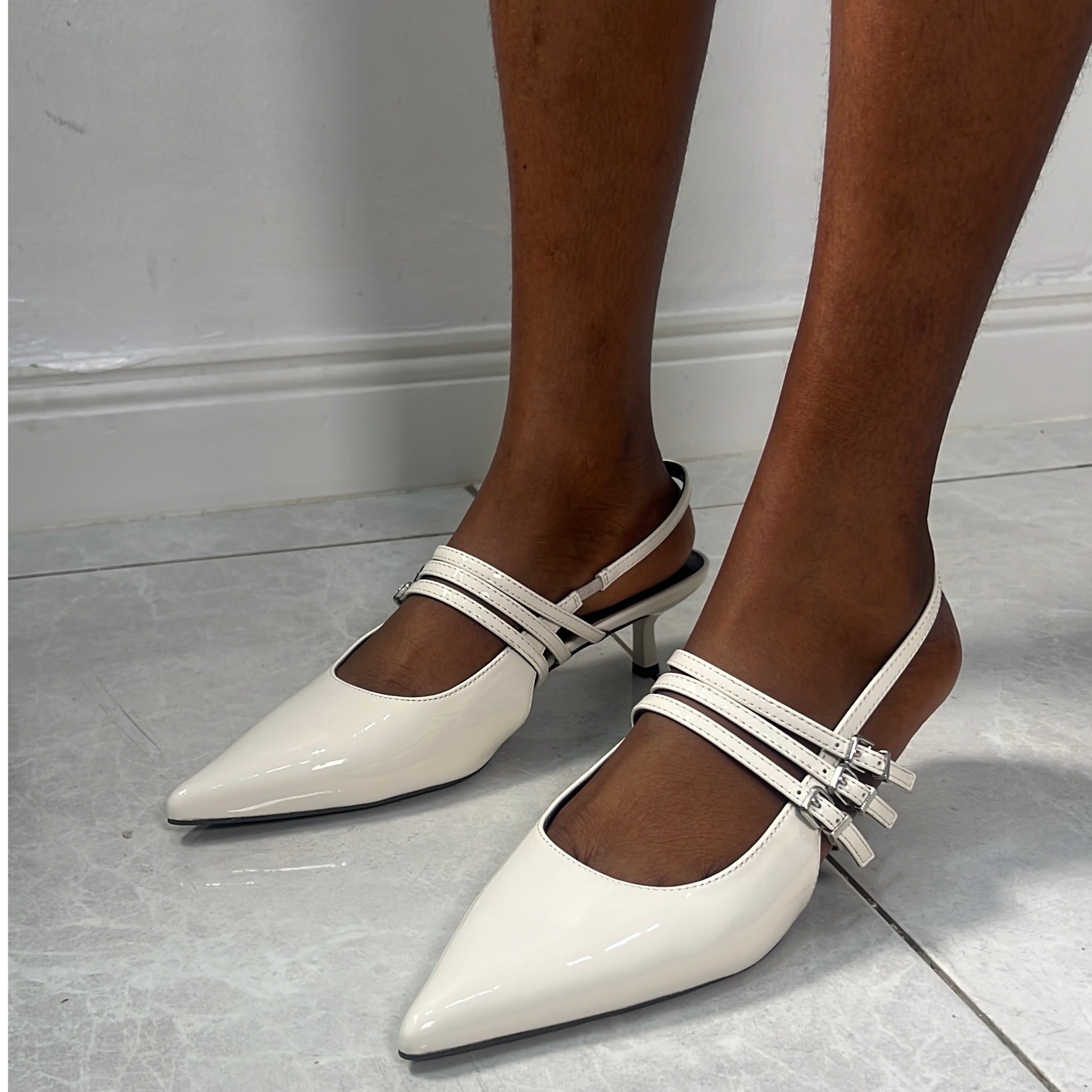 Poise Patent Leather Pointed Toe Slingbacks in off-White