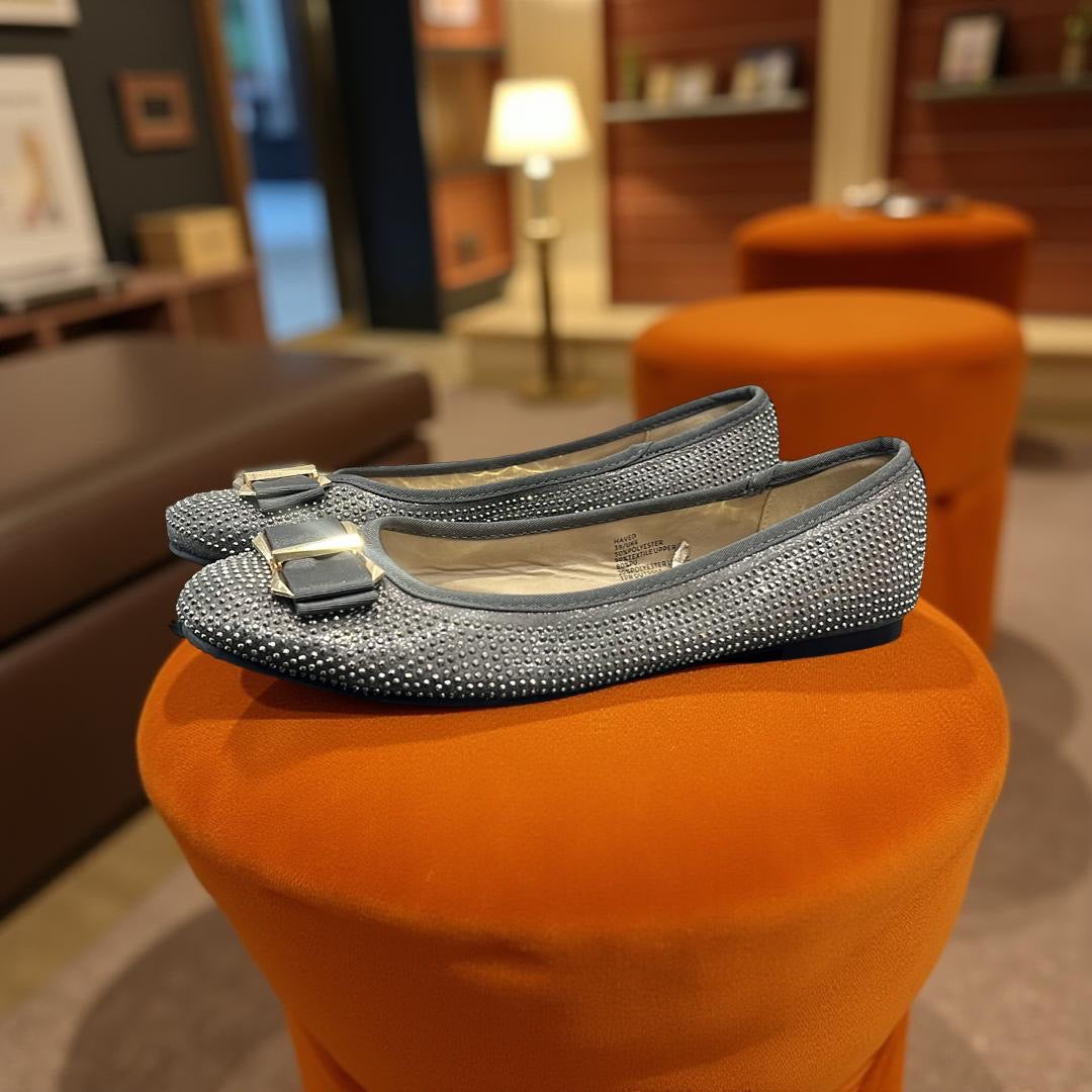 Dune Embellished Almond Toe Ballerina in Grey