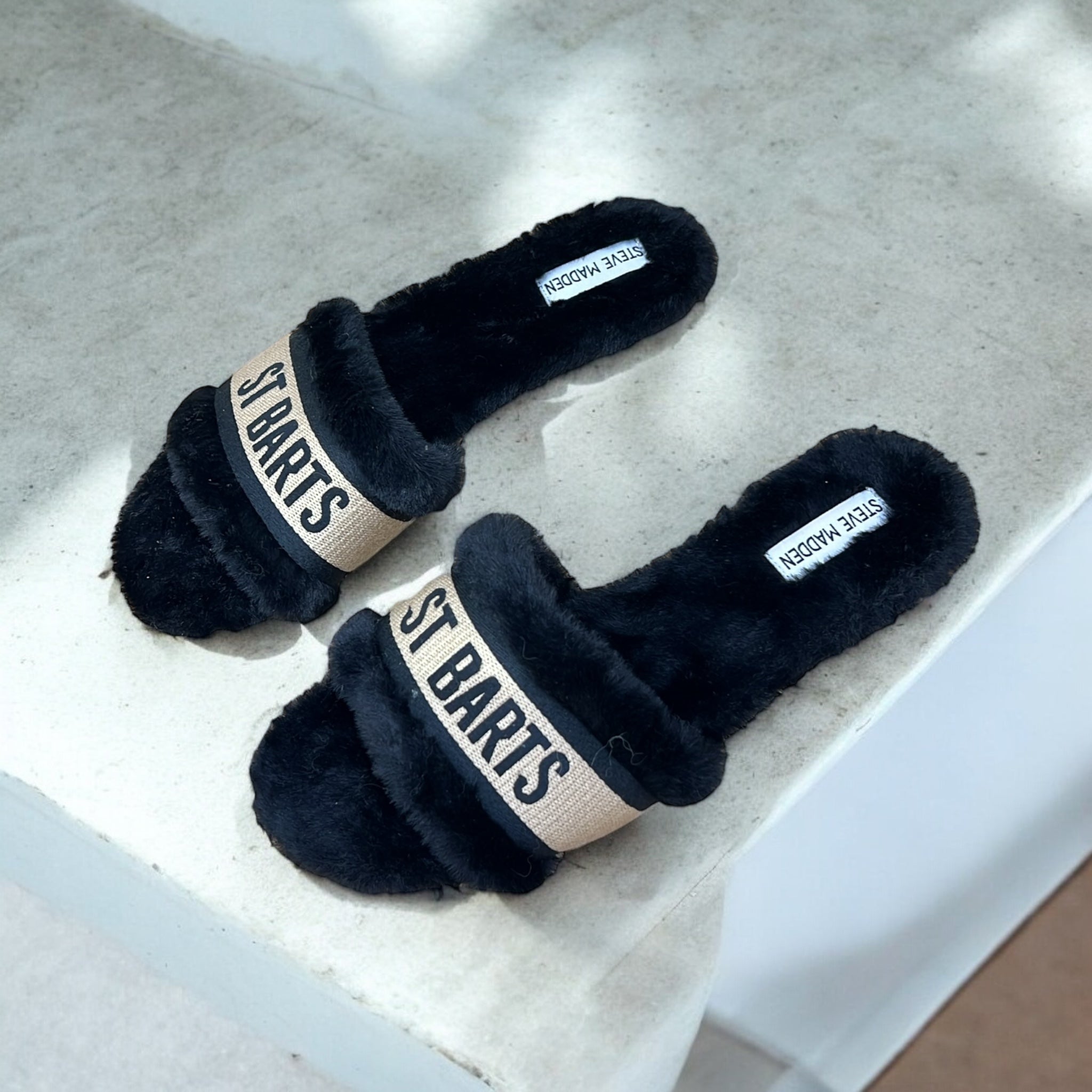 STEVE MADDEN ST BARTS FUR-BED SLIDE IN BLACK