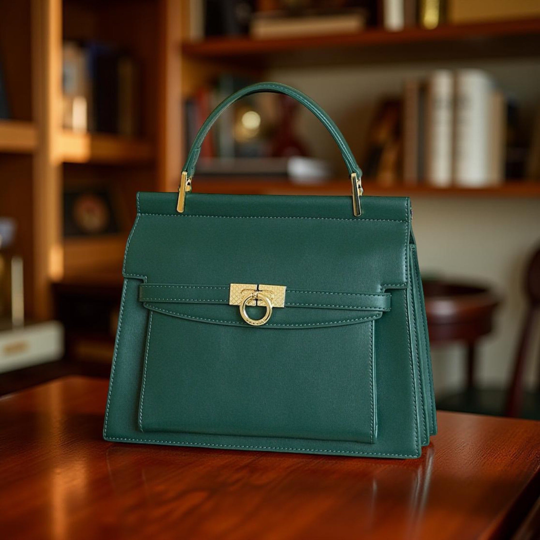 Versse Ring Detail Top Handle Leather Bag in Green