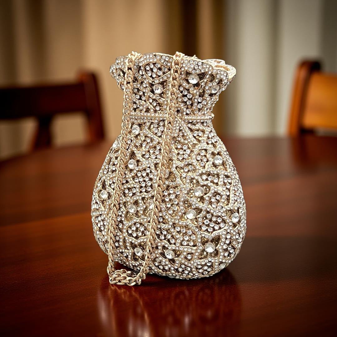 Portofino Luxe Clutch Structured Party Purse with Stones in Gold