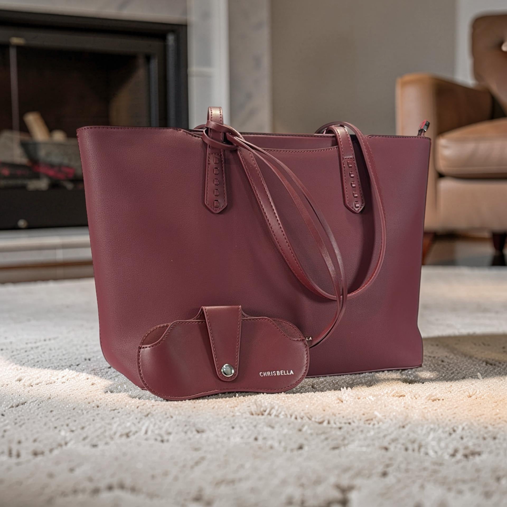 Chrisbella Large Leather Sunglasses Charm Detail Bag in Burgundy