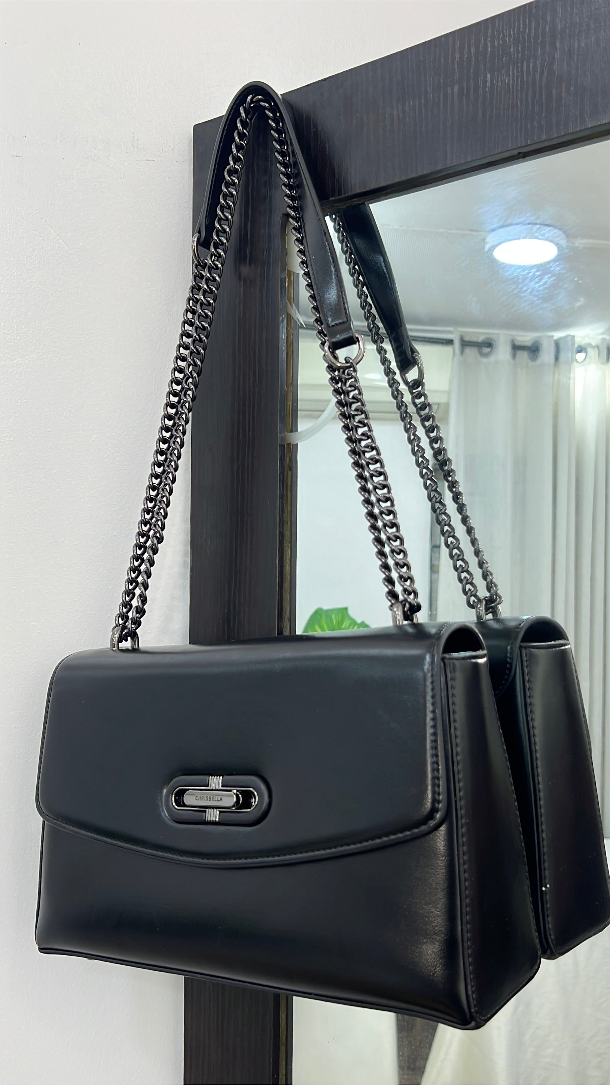 Chrisbella Leather Slide-Knob Sling Bag in Black