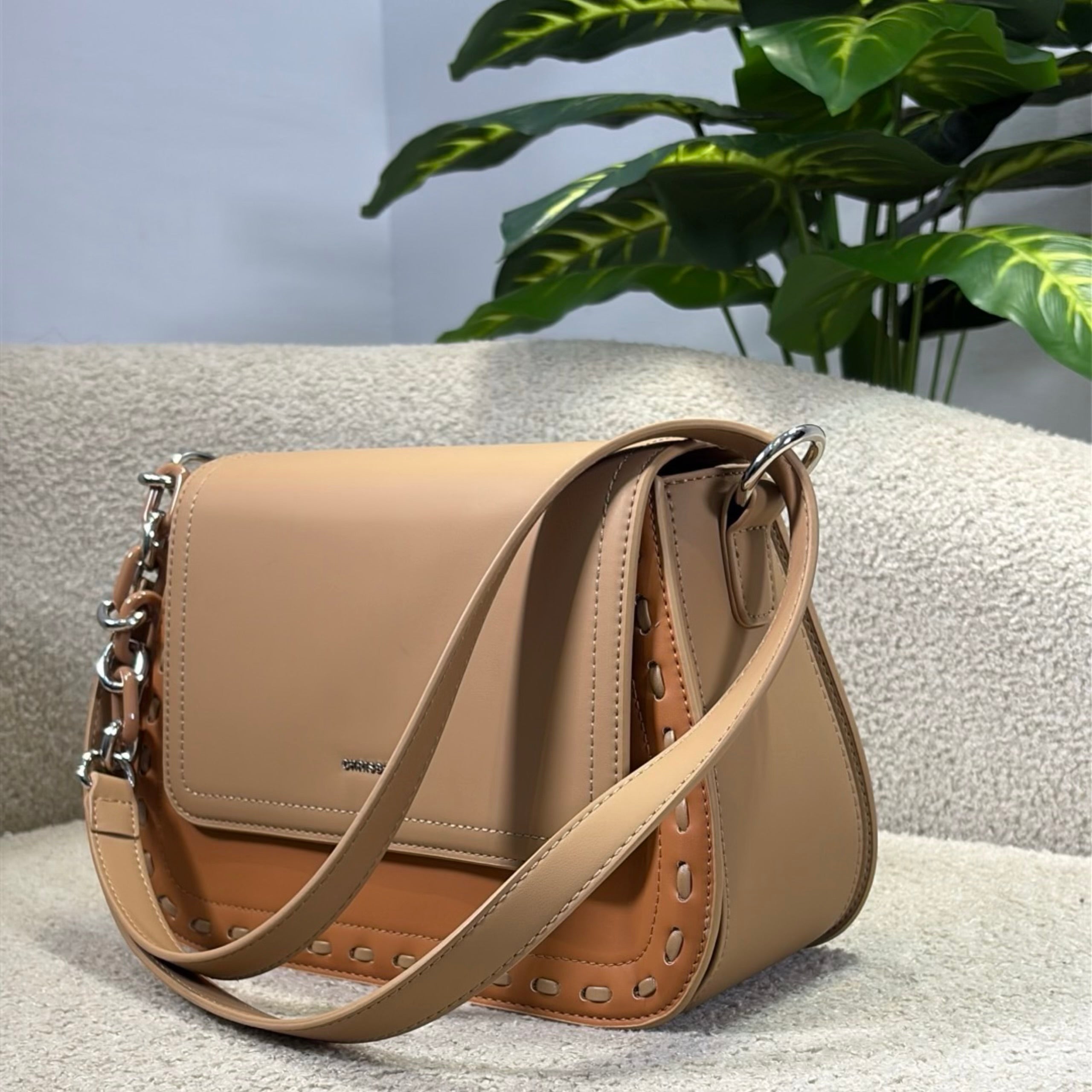 Chrisbella Flap Closure Structured Bag in Beige