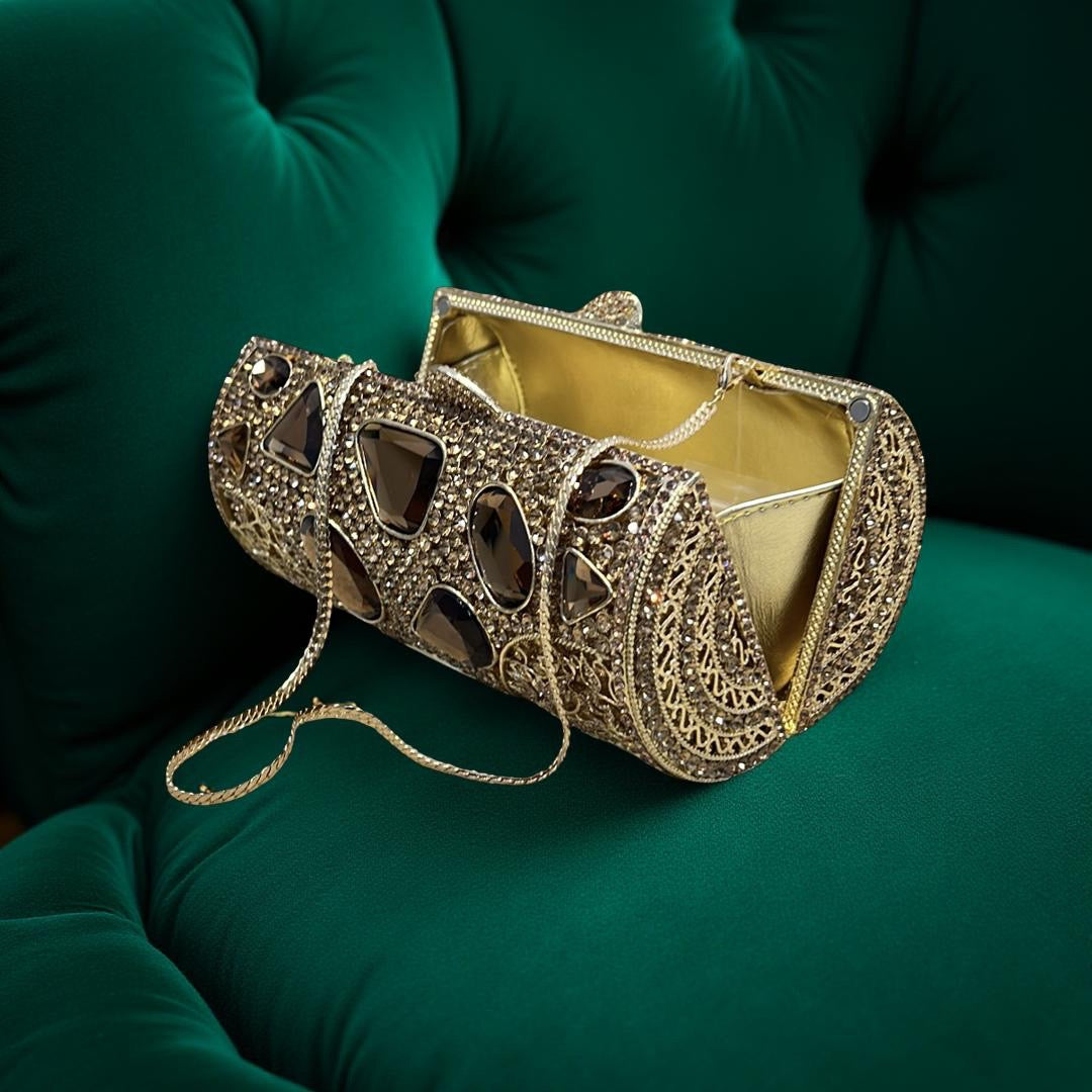 Monaco Sparkle Clutch Rhinestone Evening Bag with Chain Strap in Gold