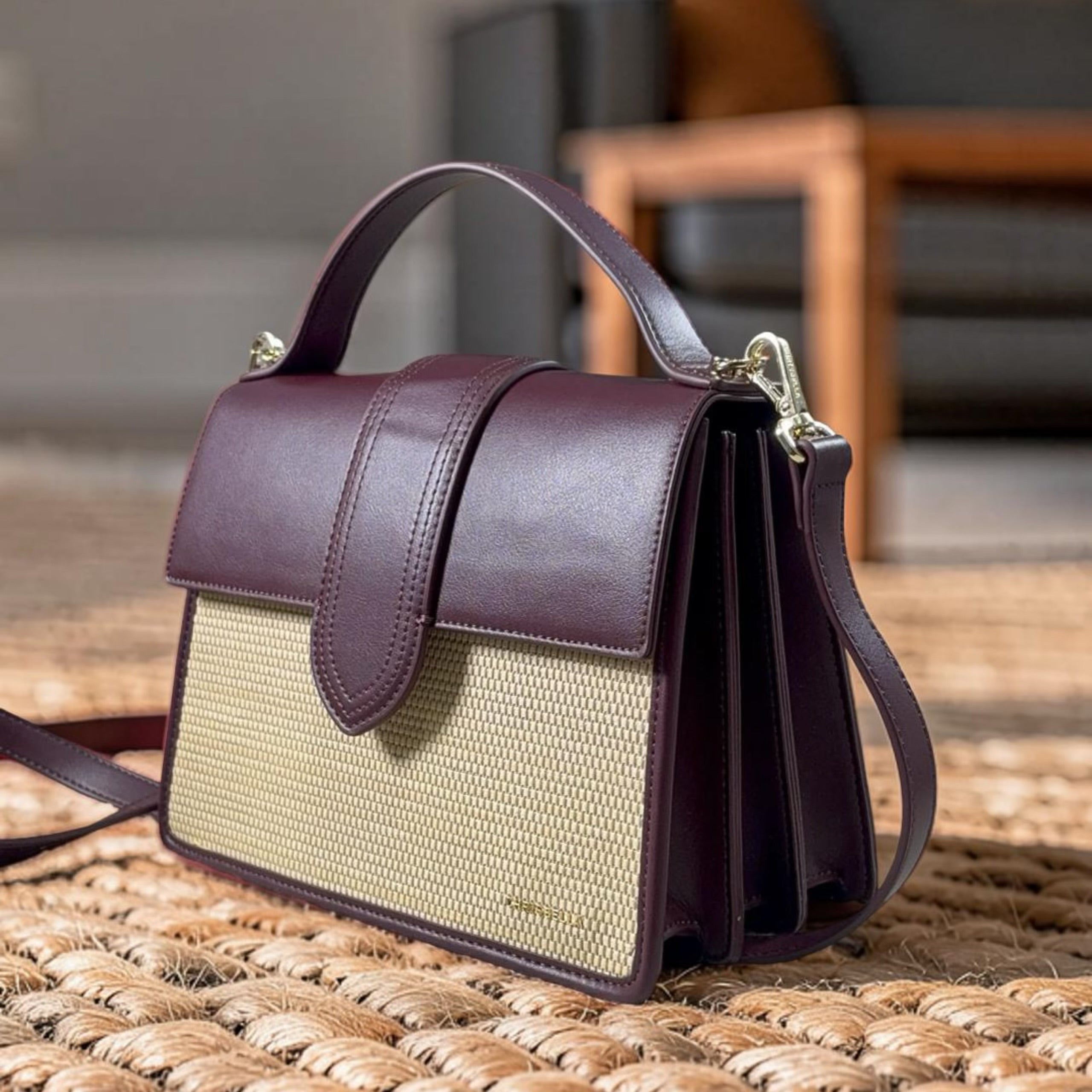 Chrisbella Top Handle Flap Two-Tone Bag in Burgundy