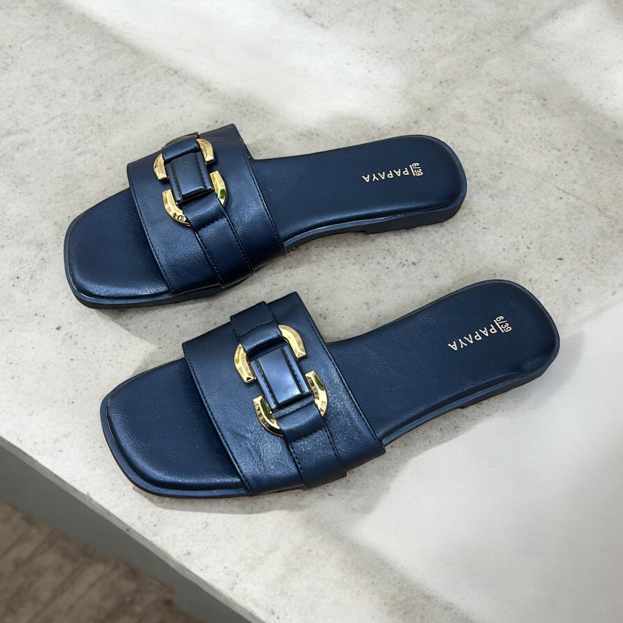 PAPAYA GOLD-TONE HARDWARE DETAIL SLIDE IN BLACK