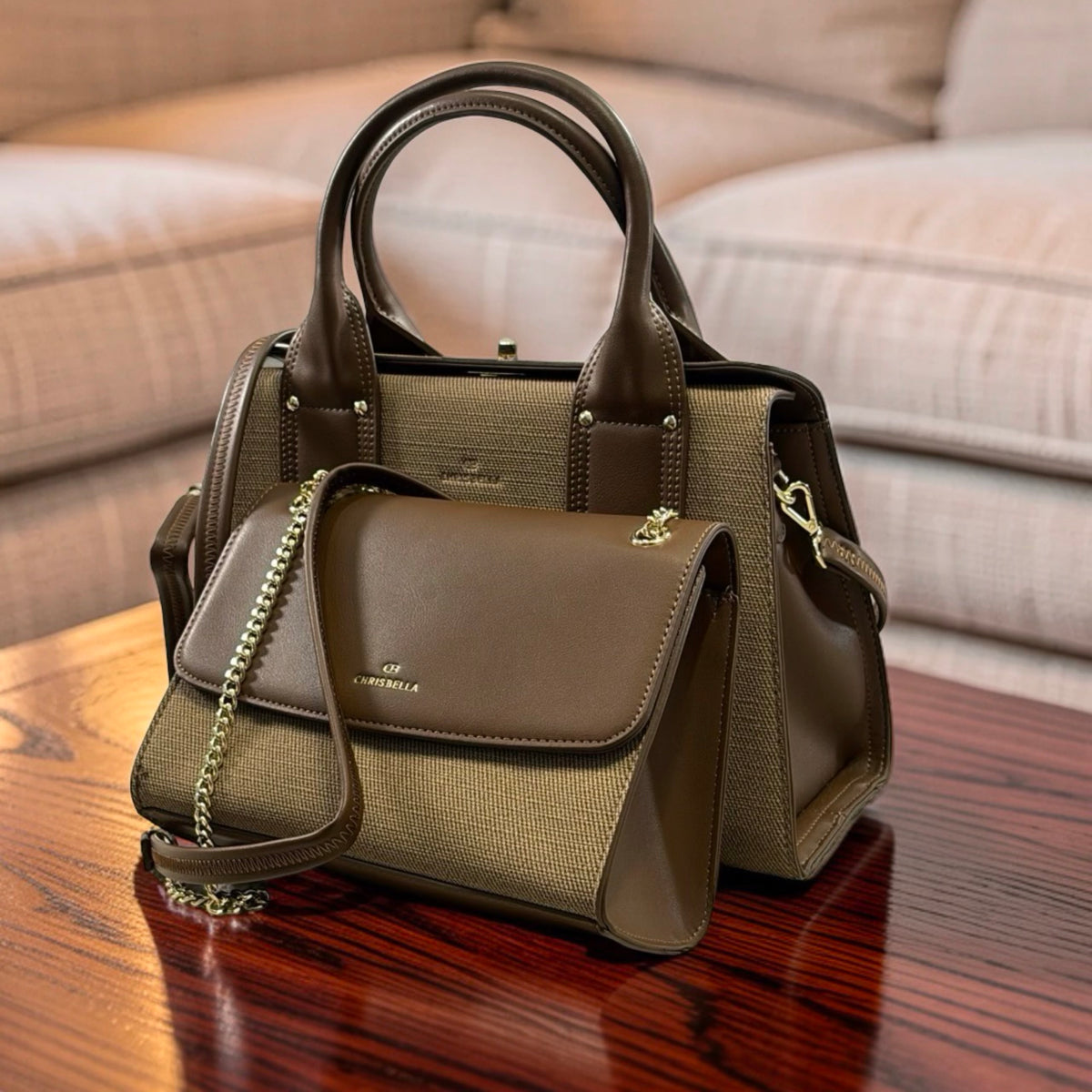 Chrisbella Textured Two-in-One Bag in Coffee