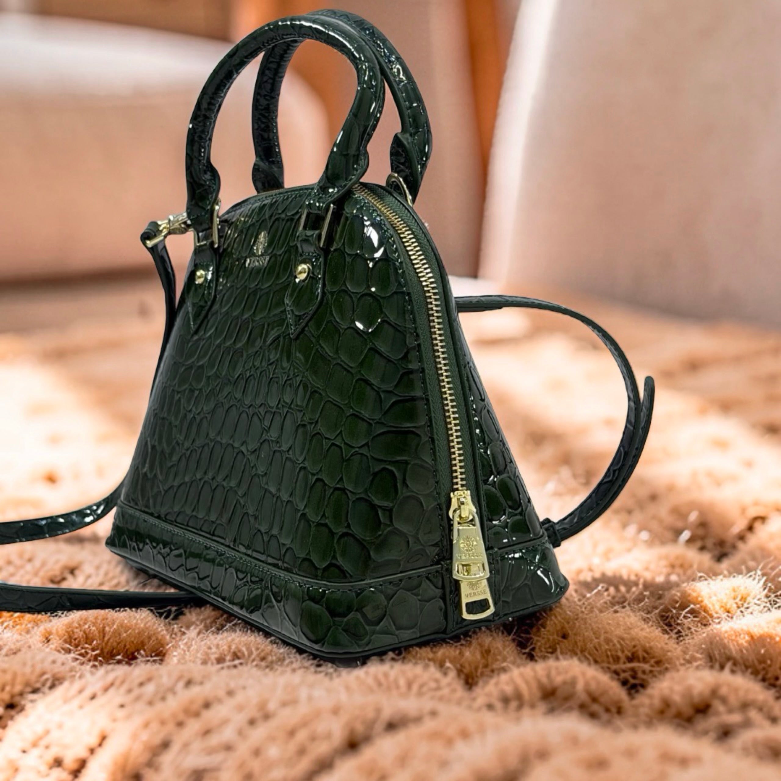 Versse Faux Croc Patent Leather Bag in Green