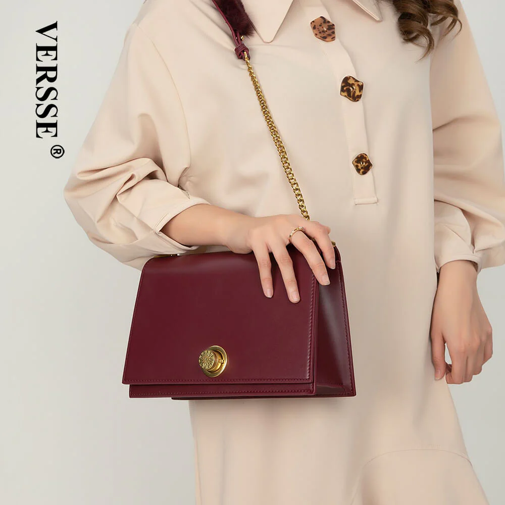 Versse Metallic Turn-Lock Chain Crossbody Bag in Maroon