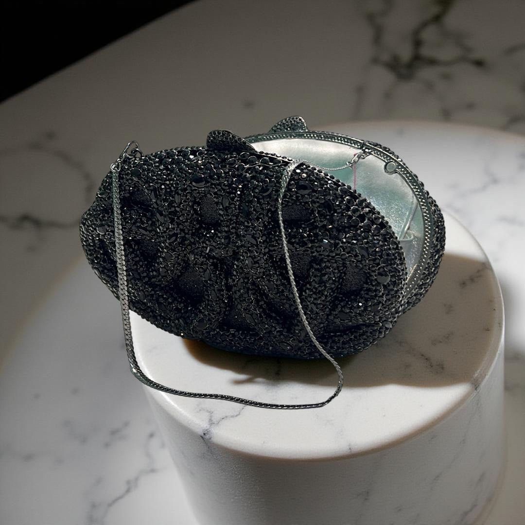 Seoul Spiral Detail Design Clutch Party Purse with Stones in Black