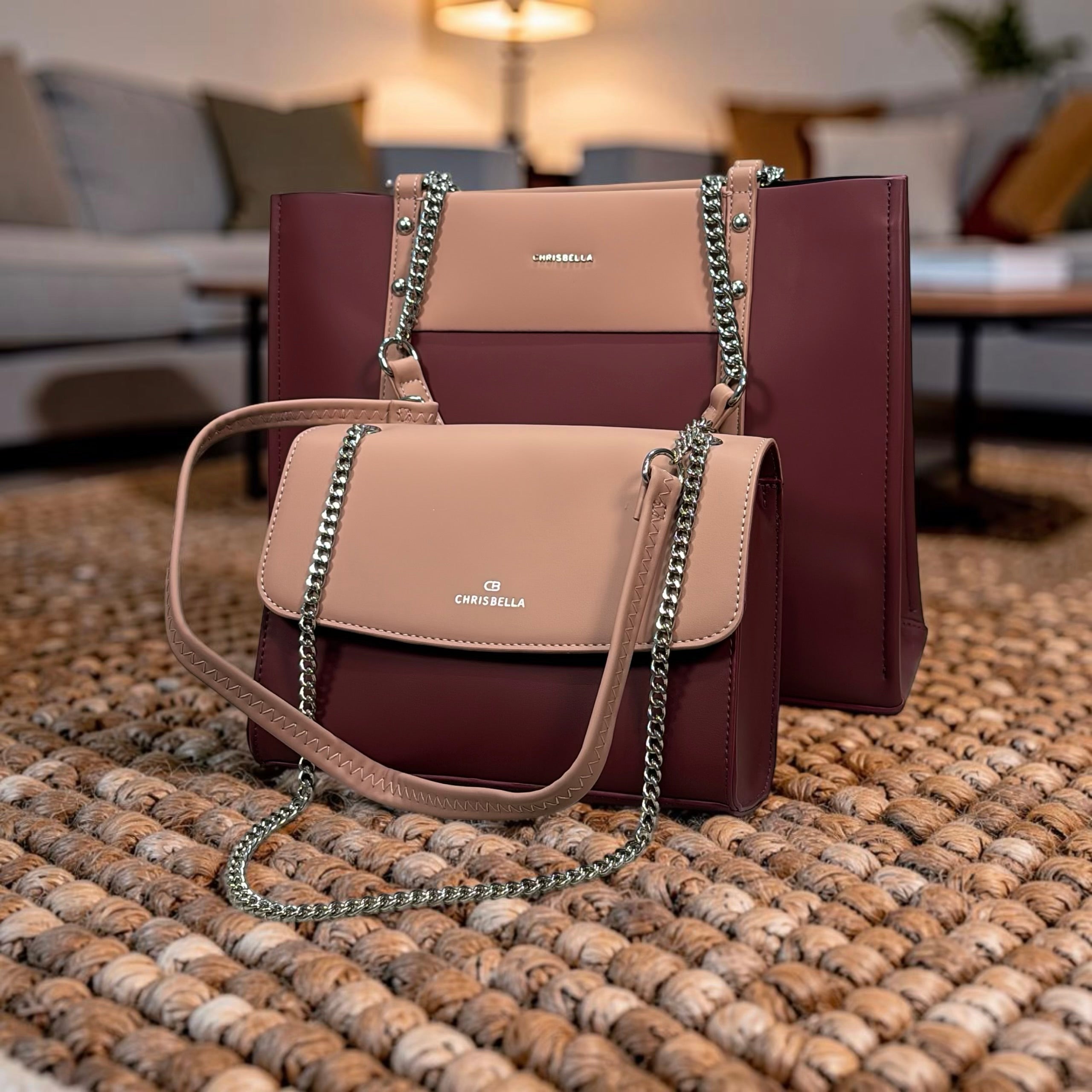Chrisbella Two-Tone Chain Handle Bag in Burgundy