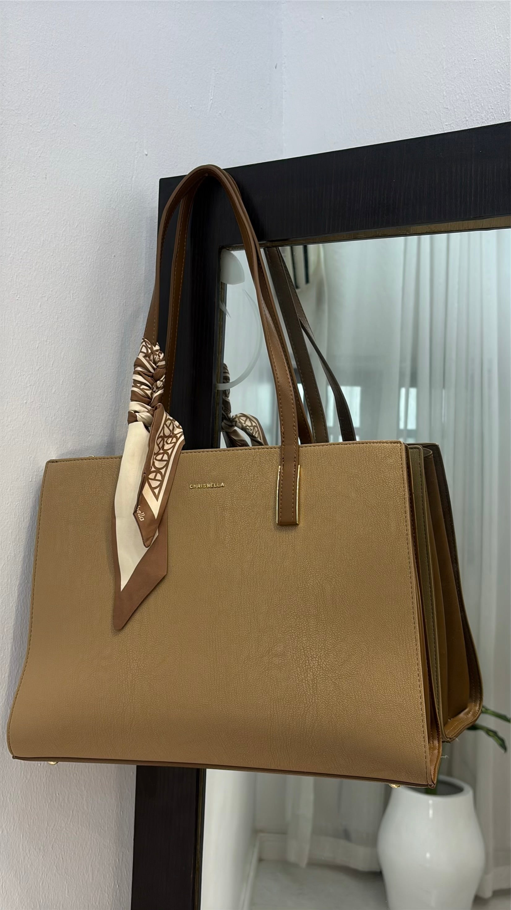 Chrisbella Scarf Detail Shoulder Tote in Beige