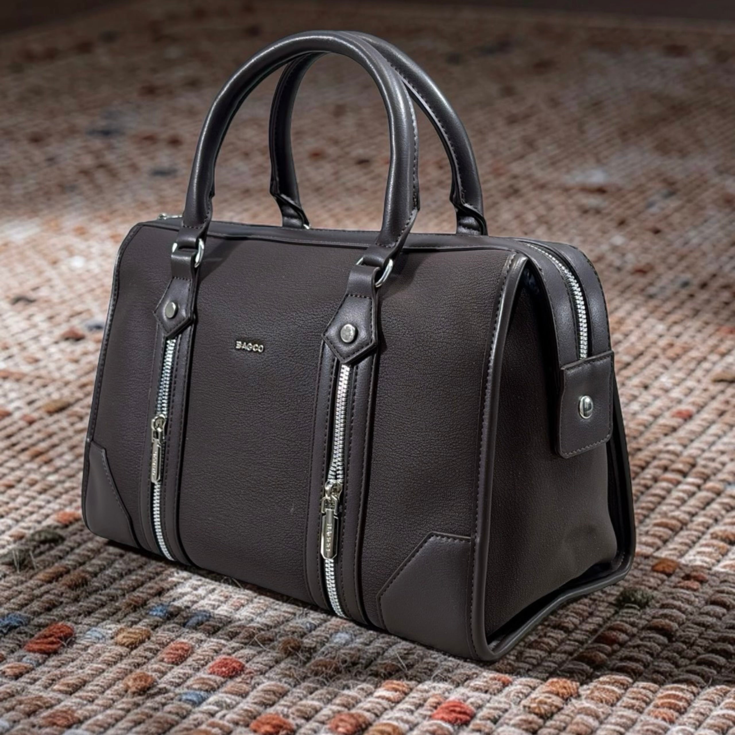 Bagco Double Front Zip Two-Tone Bag in Coffee