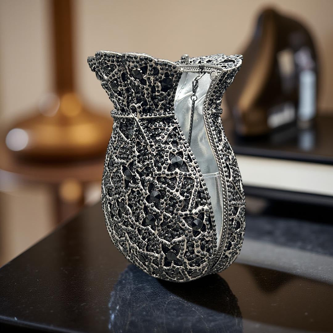 Portofino Luxe Clutch Structured Party Purse with Stones in Black