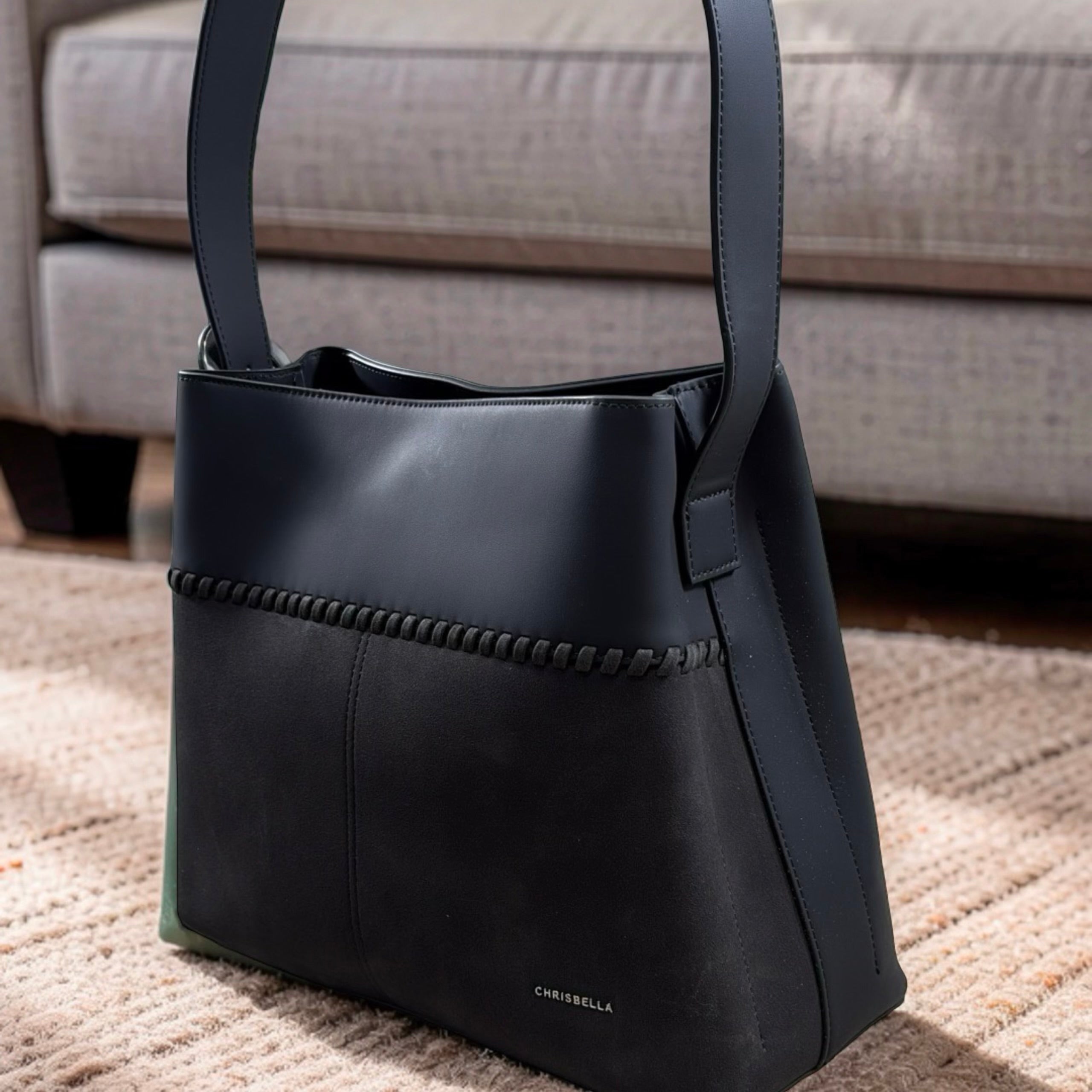 Chrisbella Single Belt Strap Bag Suede Detail Bag in Black