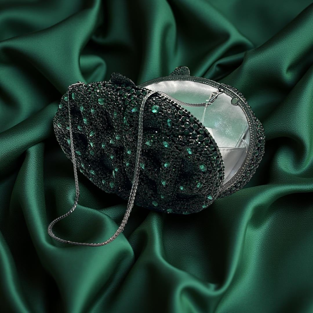 Seoul Spiral Detail Design Clutch Party Purse with Stones in Forest Green