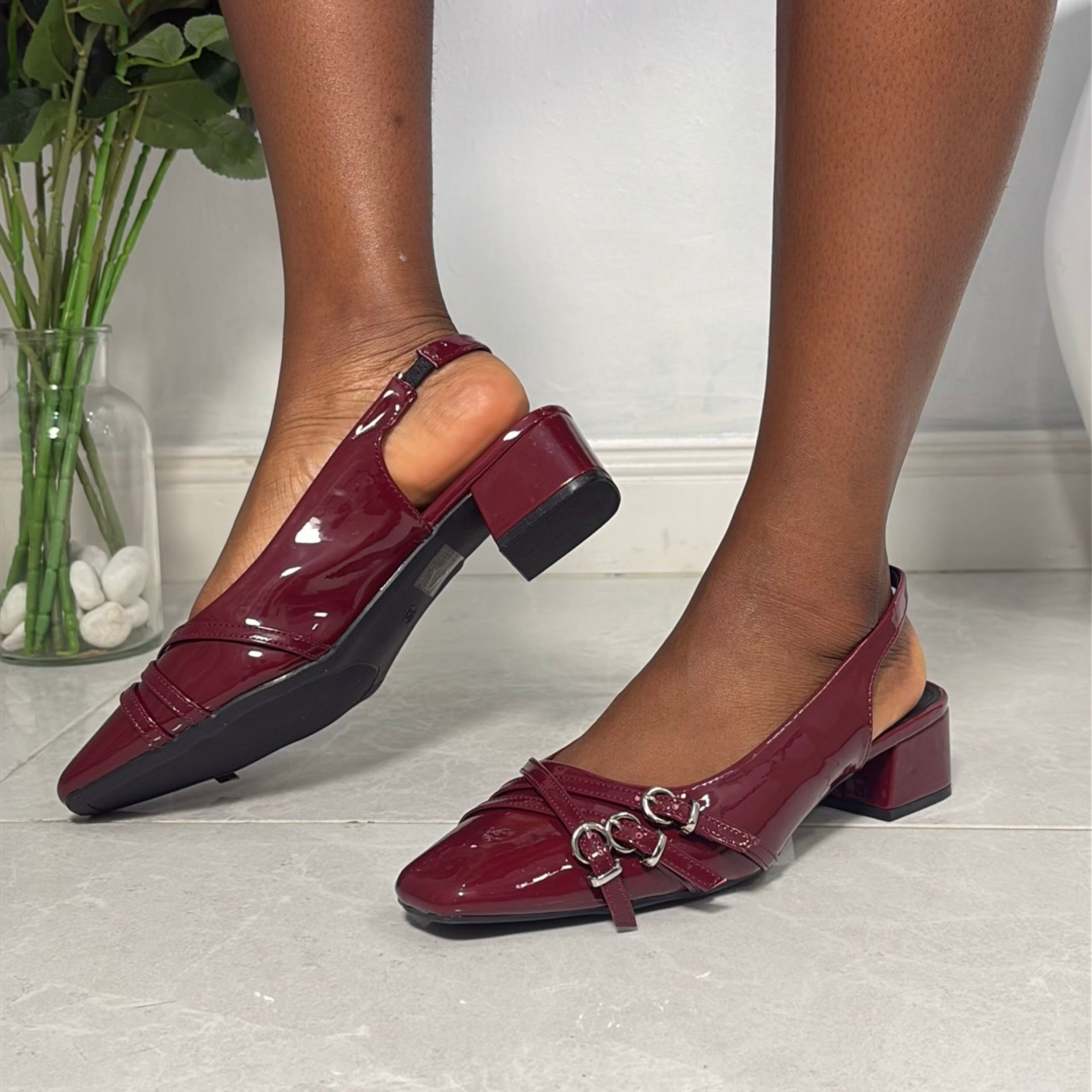 On Feet & In Love Crinkle Patent Leather Slingback Heels in Wine