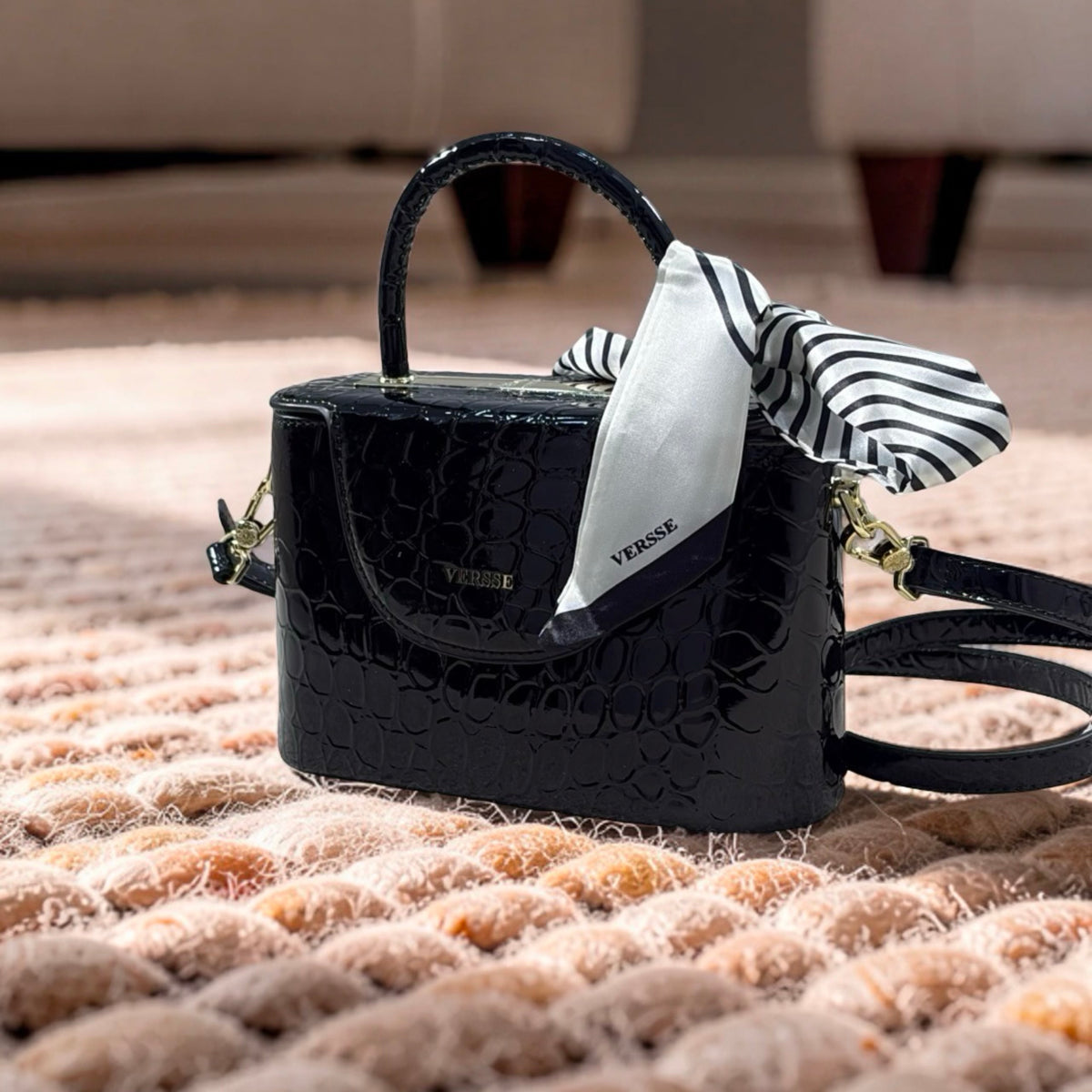 Versse Top Handle Faux Croc Skin Mini Bag in Black