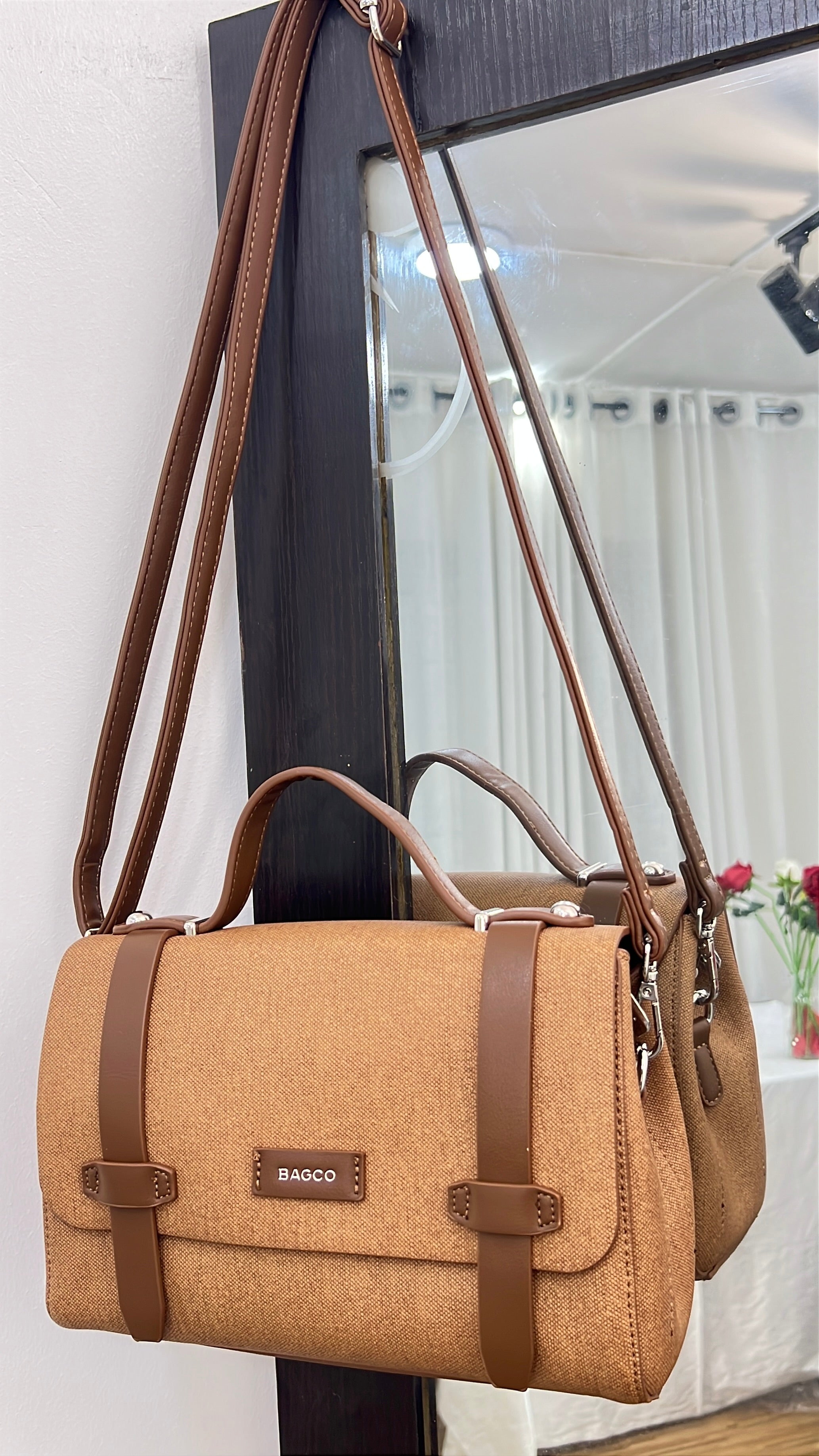 Bagco Leather Strap Top Handle Satchel in Coffee