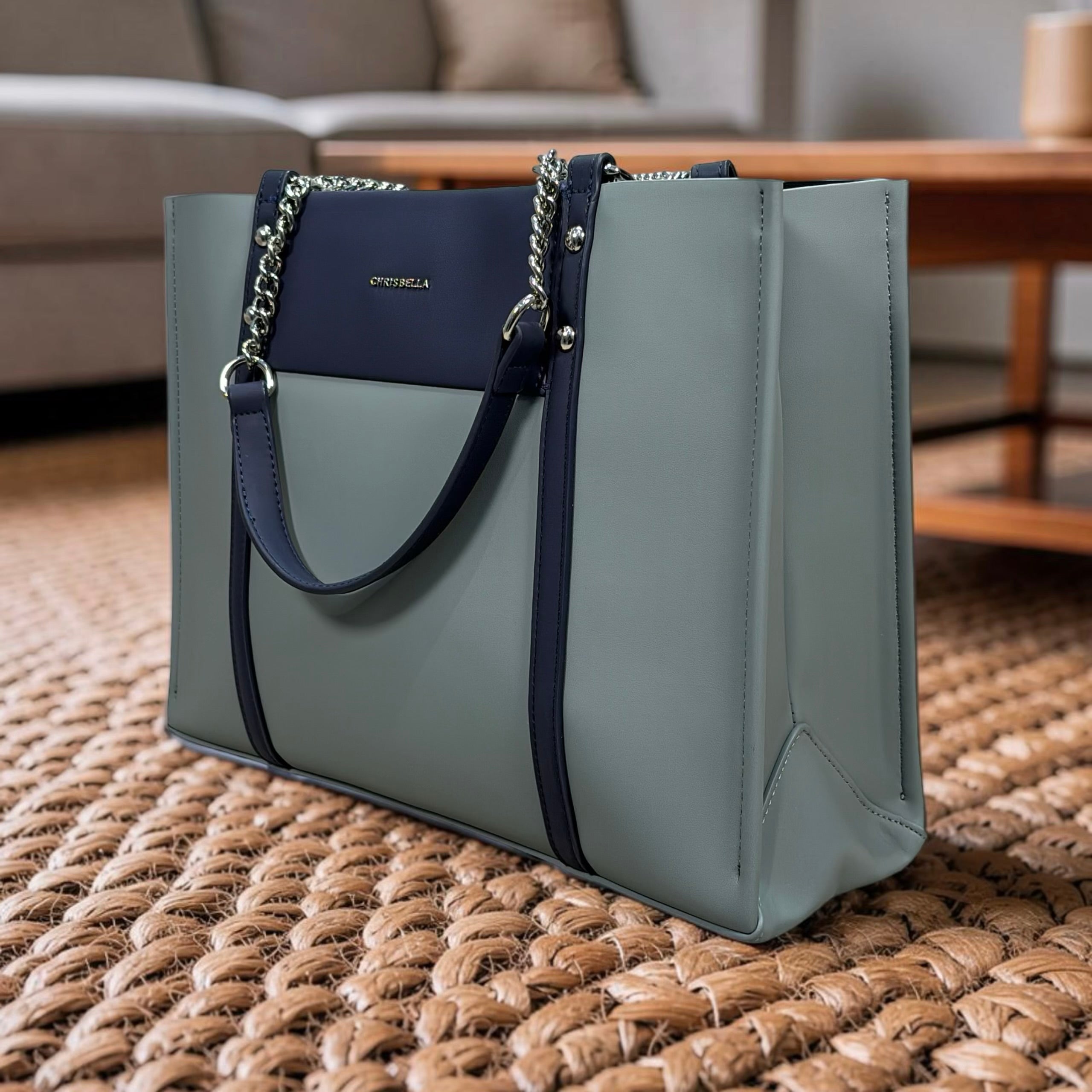Chrisbella Two-Tone Chain Handle Bag in Blue