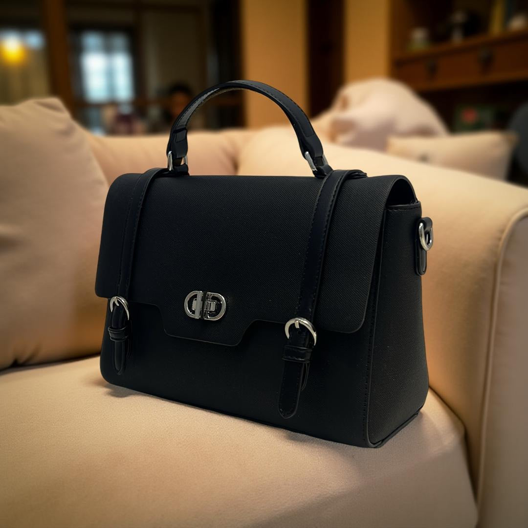 Bagco Leather Strap Top Handle Satchel With Twist-Knob in Black