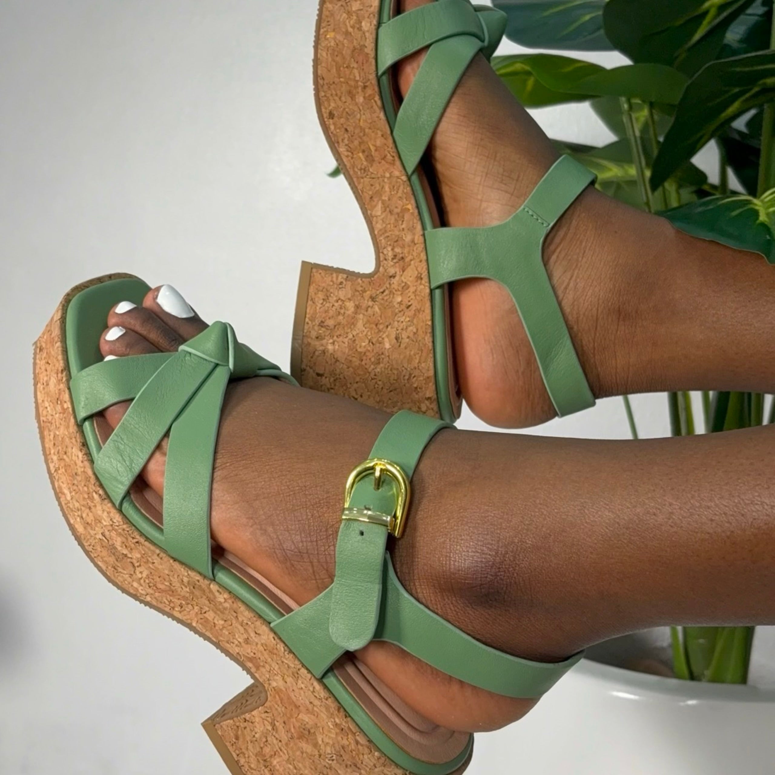 Wydr Knot Detail Cork Platform Block Heel Sandal in Green