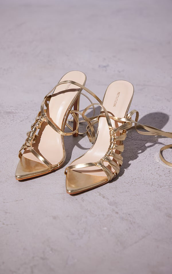 PRETTY LITTLE THING HEELED ANKLE TIE SANDAL IN GOLD