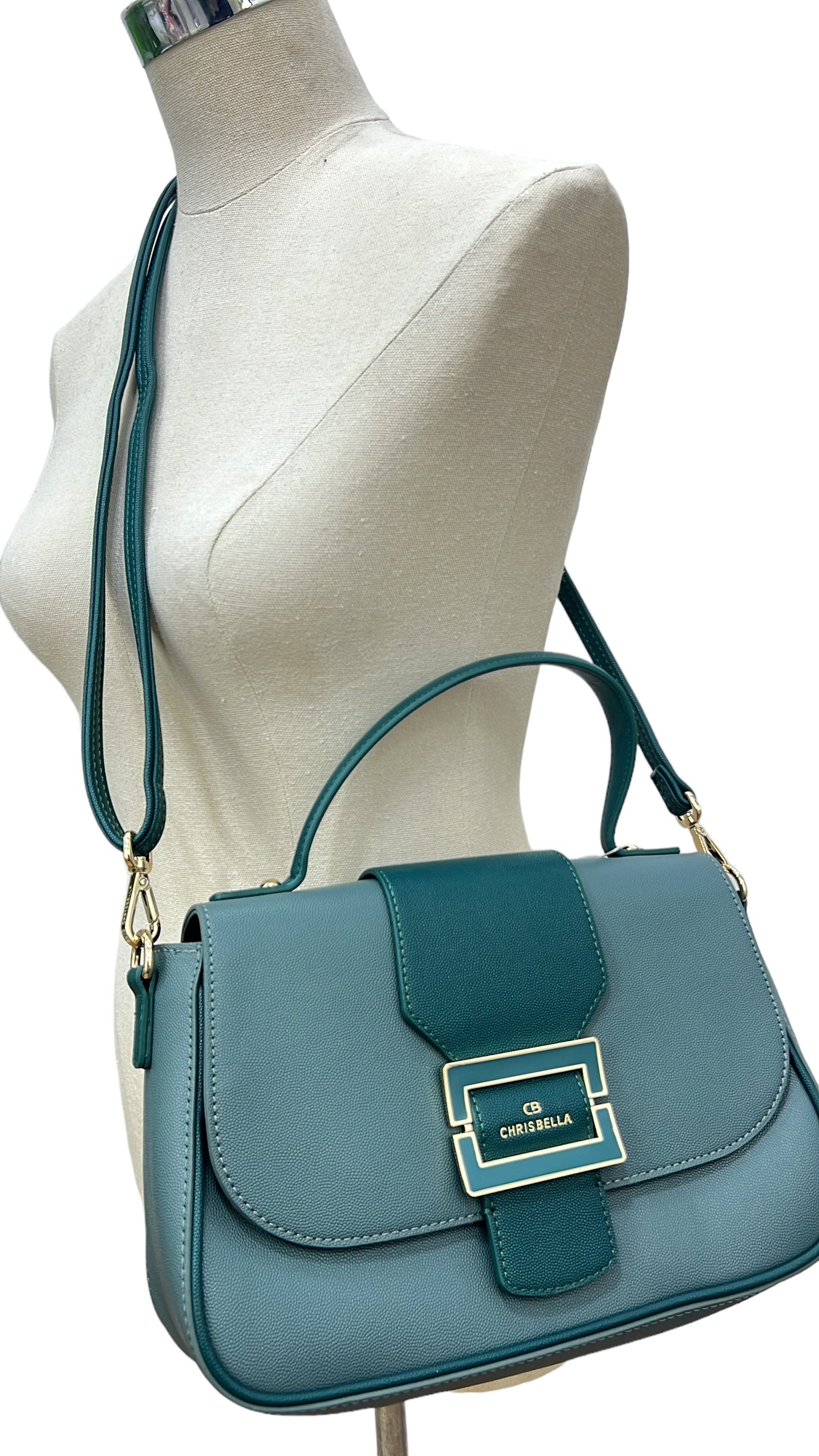 CHRISBELLA TEXTURED BUCKLE DETAIL TWO-TONE BAG IN GREEN