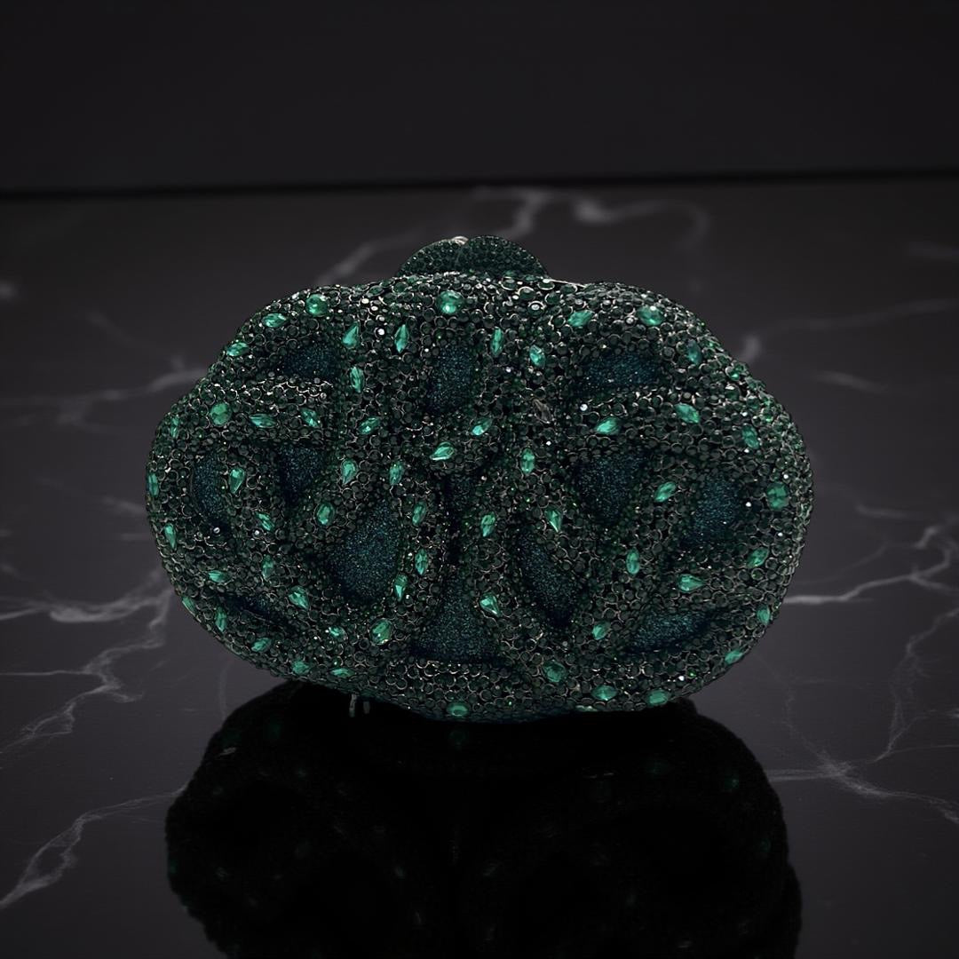 Seoul Spiral Detail Design Clutch Party Purse with Stones in Forest Green