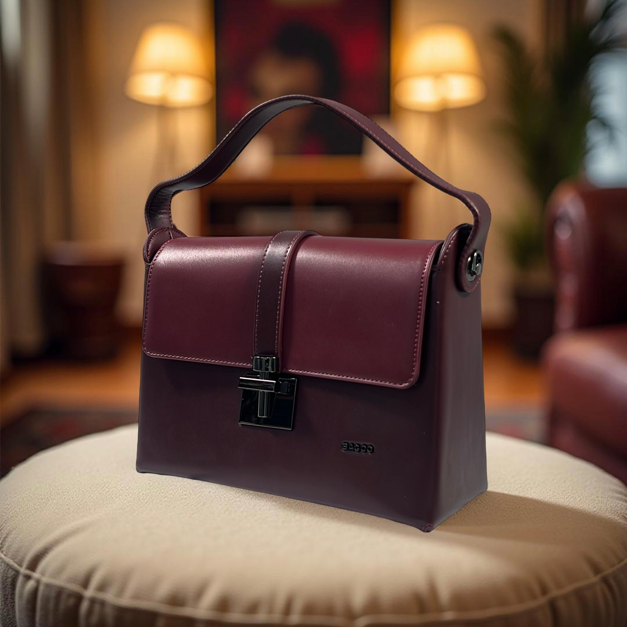 Bagco Tow-Tone Structured Top-Handle Bag in Wine