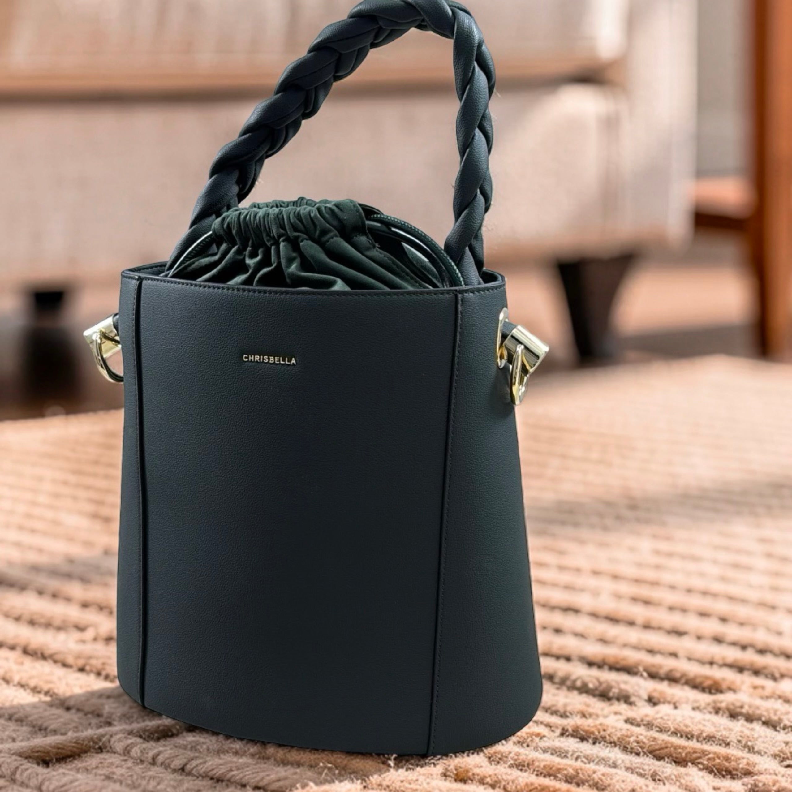 Chrisbella Drawstring Bucket Bag in Green