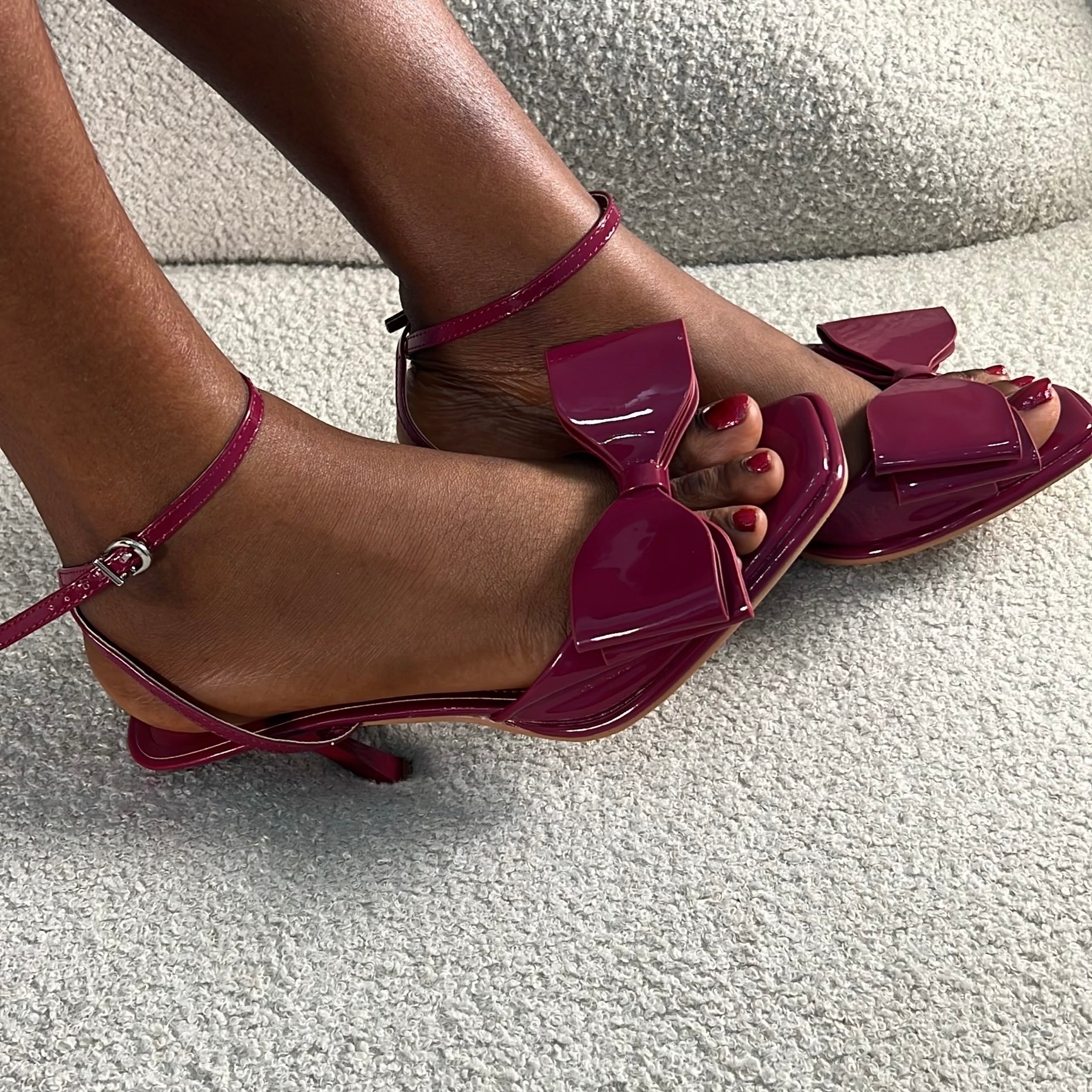 Zara Bow Detail Patent Leather Ankle Strap Sandal in Burgundy