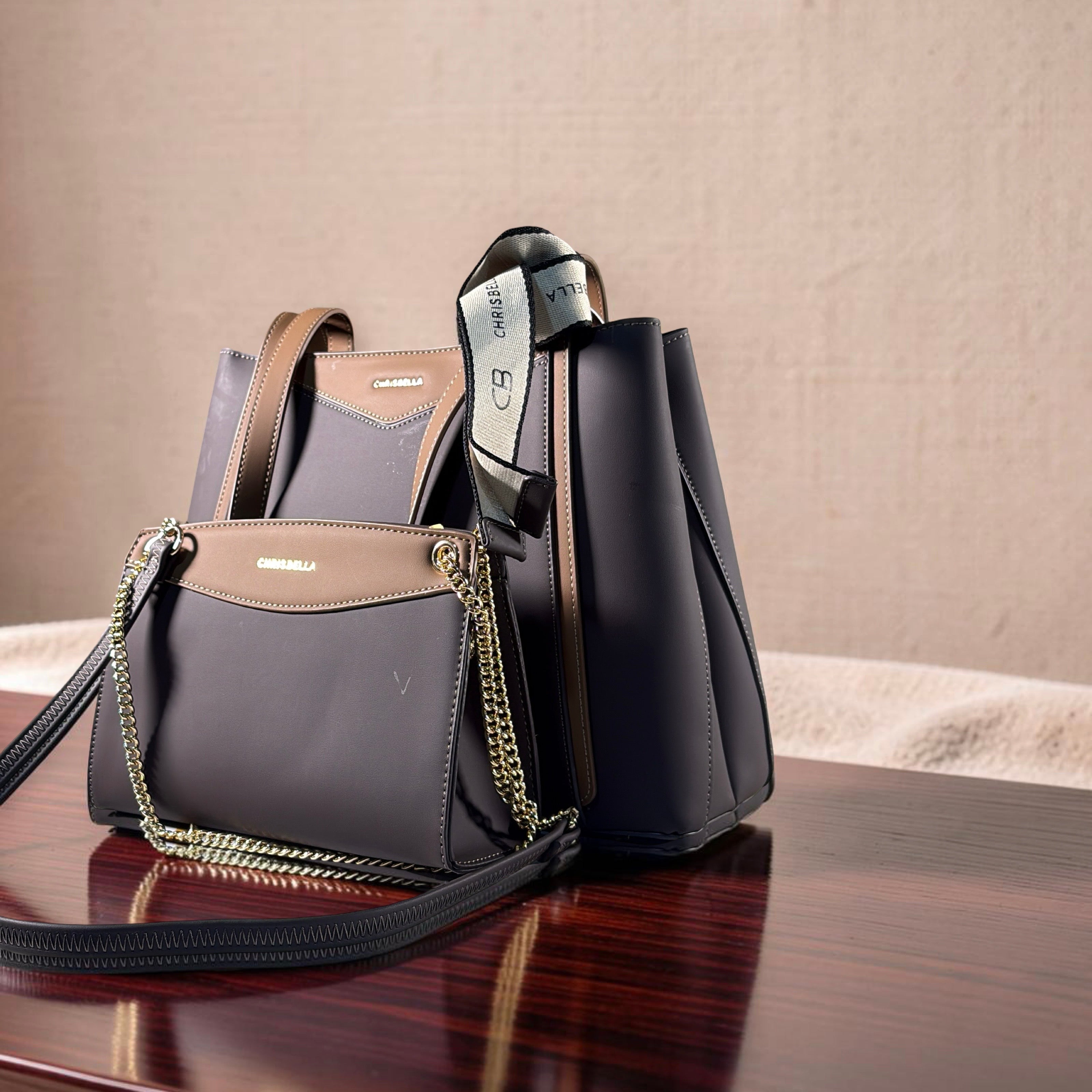 Chrisbella 2-in-1 Contrast Color Shoulder Bag in Coffee