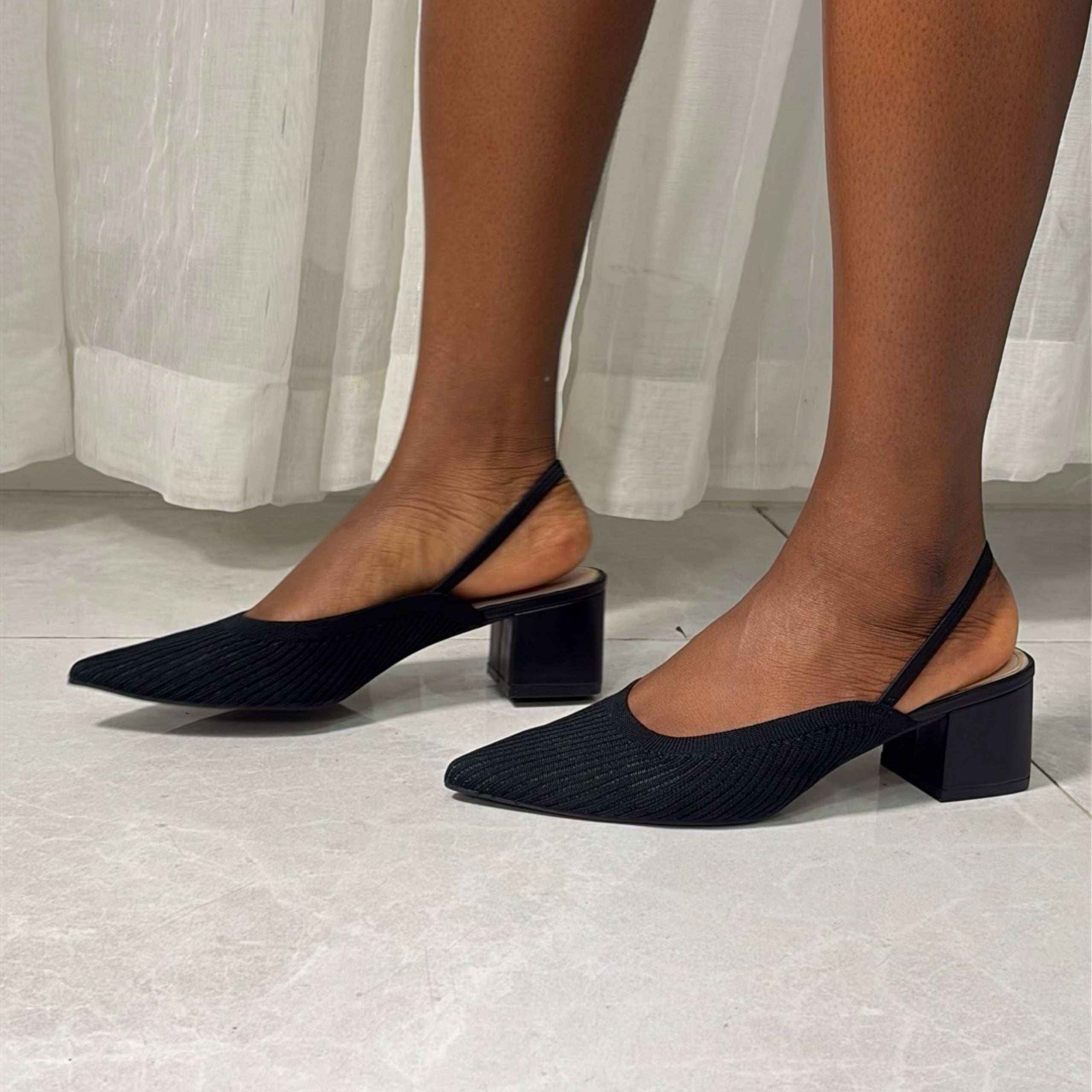 Milano Elastic Slingback Block Heel Shoes in Black