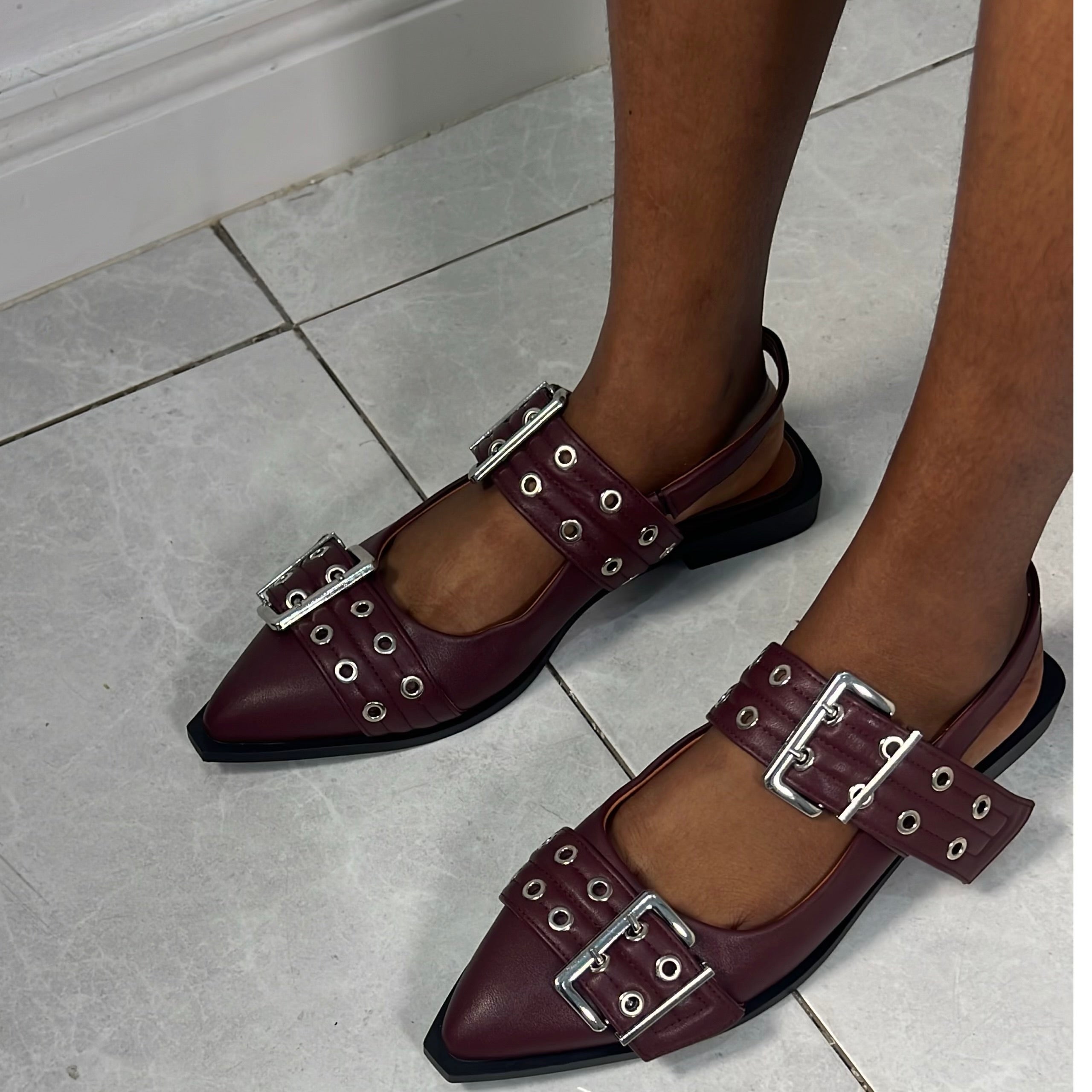 Lux Perforated Slingback Shoes in Burgundy