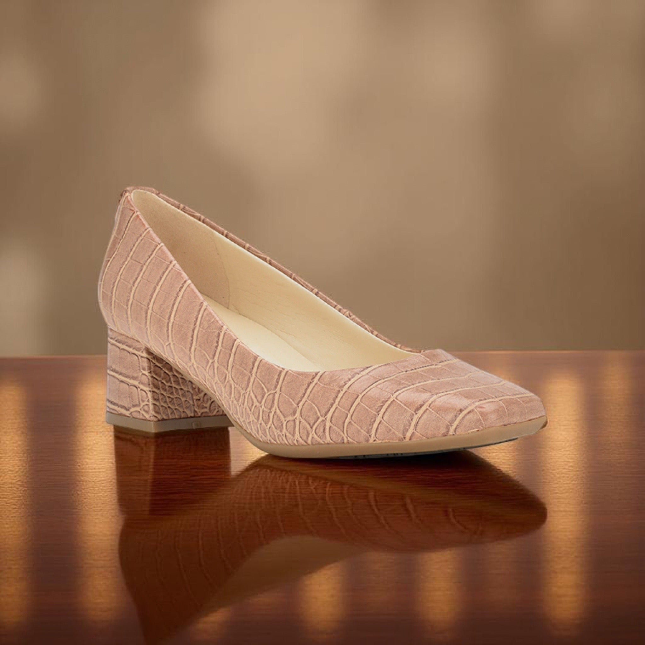 Nine West Faux Croc Leather Block Heel Pump in Brown