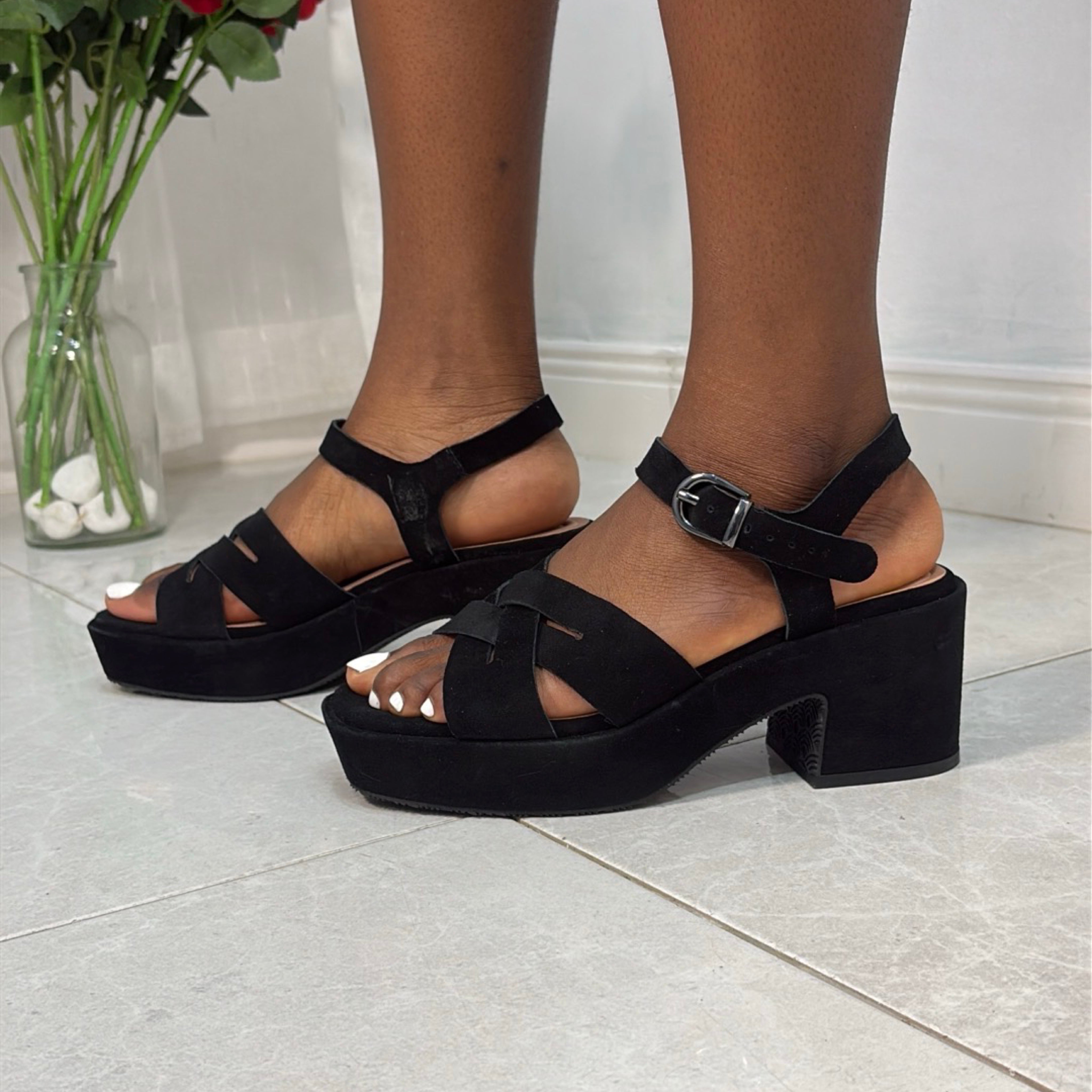 Wydr Studios Suede Block Heel Sandal in Black