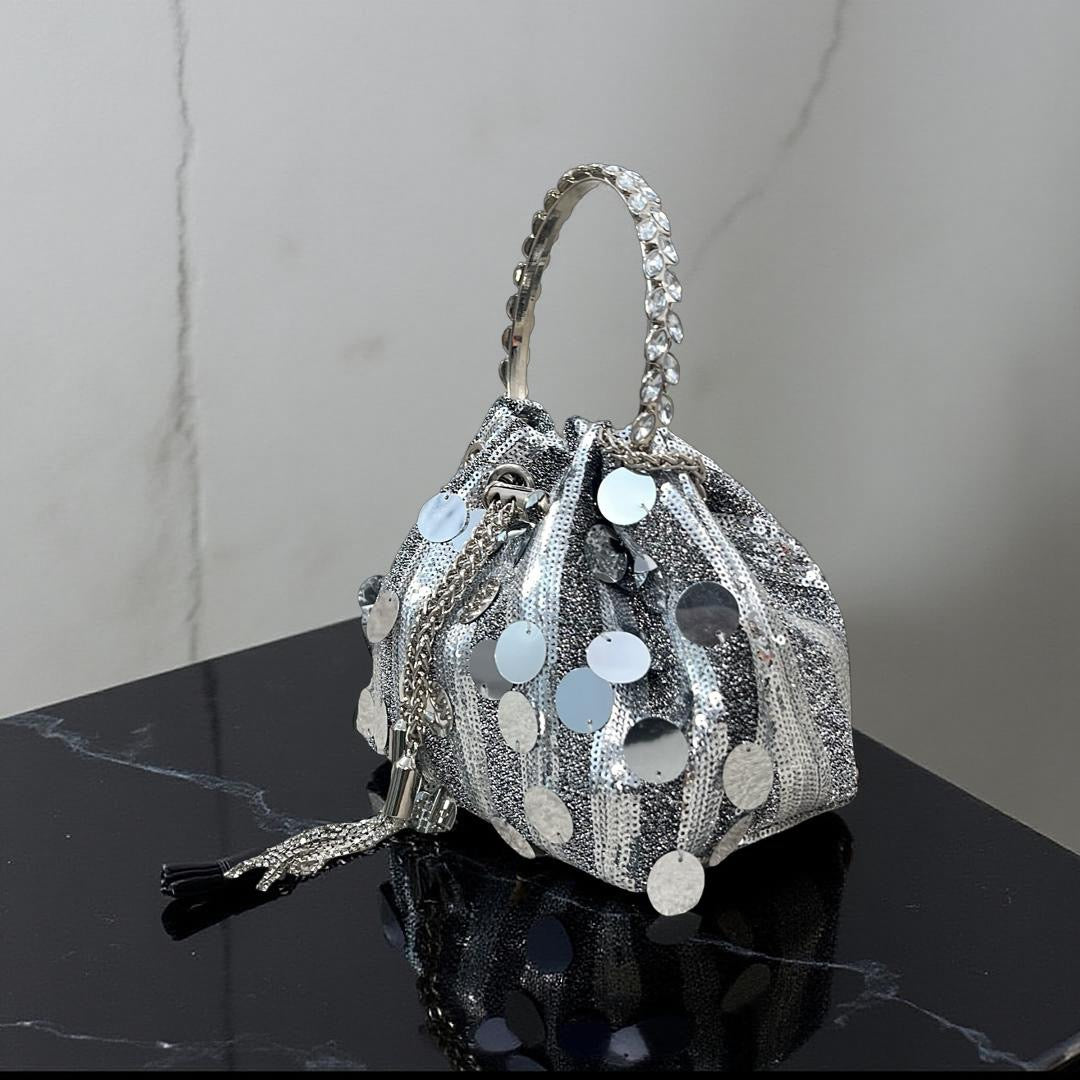 Cannes Top Handle Sequin Drawstring Purse in Silver