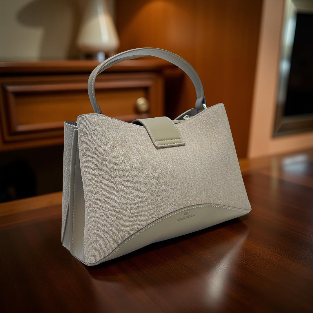 Chrisbella Contrast Leather Triple Compartment Bag in Beige